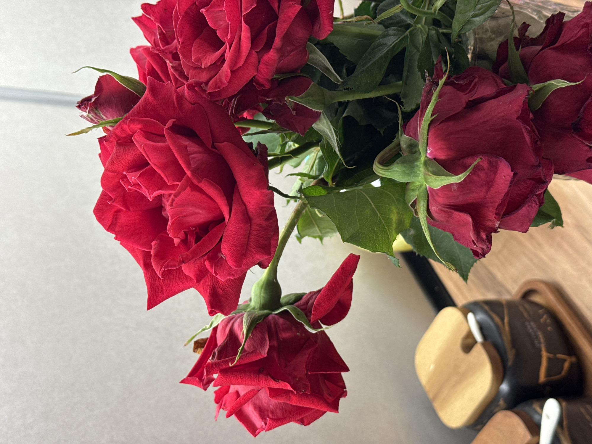 This media file features a close-up, overhead shot of a bouquet of vibrant red roses. The roses are the primary subject, with their rich, velvety petals filling most of the frame. The bouquet is arranged in a way that some roses are fully bloomed and open, showcasing their intricate layers, while others appear to be in earlier stages of bloom or have started to wilt slightly, adding a touch of natural imperfection. Lush green leaves and stems are visible, providing a contrast to the deep red of the flowers.
The background is a softly lit, neutral surface, likely a table or countertop, which helps the roses stand out. To the right side of the frame, a portion of a wooden object with a carved or inlaid design is visible, possibly a decorative item or part of a larger furniture piece. The lighting suggests it might be daytime, with soft, diffused light creating gentle shadows and highlighting the texture of the rose petals. There are no people present in the image. The scene appears to be an indoor setting, perhaps a home or a floral shop, given the presentation of the flowers. The overall mood conveyed is one of natural beauty and perhaps a hint of melancholy due to the presence of some wilted blooms. No text is visible in the image.