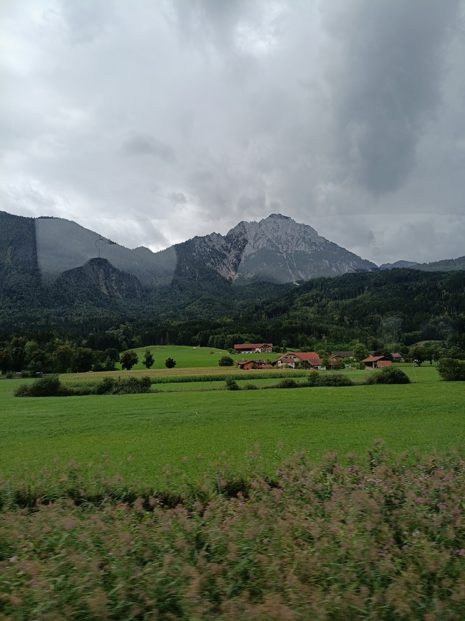 The image depicts a rural landscape with a prominent mountain range in the background under a cloudy sky. In the mid-ground, there are several houses with red roofs clustered together, surrounded by green fields and trees. In the foreground, there is a blurry patch of pink and green vegetation, suggesting the photo was taken from a moving vehicle. The scene is one of rolling hills, agricultural fields, and a small settlement nestled at the foot of the mountains. The location is identified as Anger, Germany.