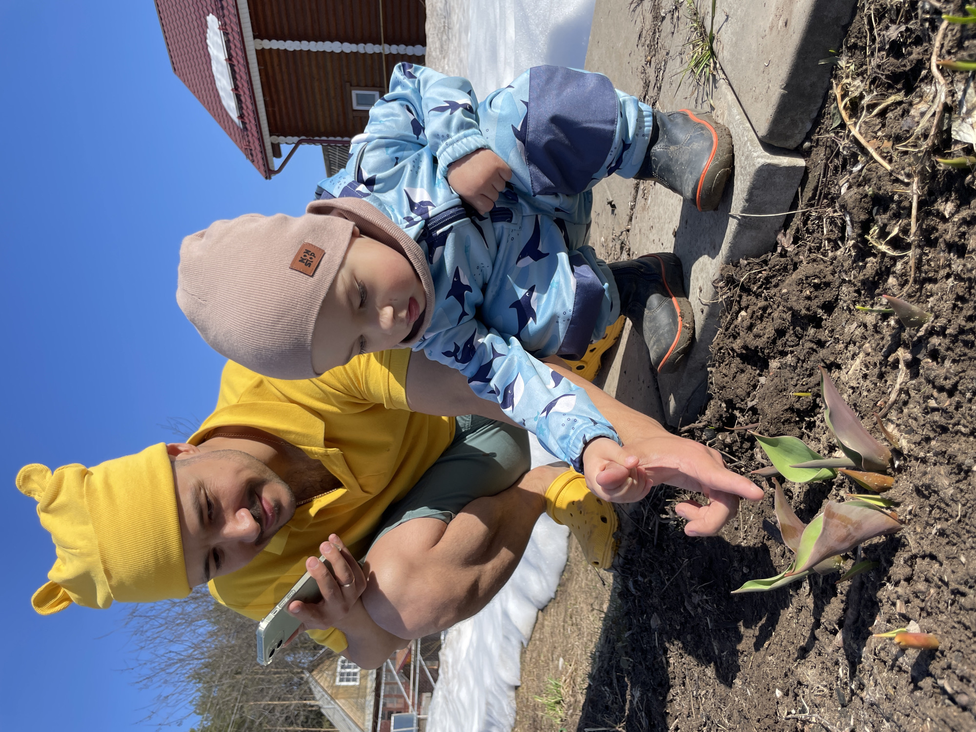 In Zav'yalovo, Russia, a man and a young child are examining plants in a garden on a sunny day. The man, wearing a yellow hooded shirt and matching beanie, is holding a phone, possibly taking a picture or recording. He is crouched down and pointing toward the plants. The child, wearing a blue shark-patterned snowsuit and a brown beanie, is sitting near the edge of the garden bed, looking at the plants. Patches of snow are visible in the background. The plants appear to be sprouting from the soil. A building is visible in the background, with a red roof.