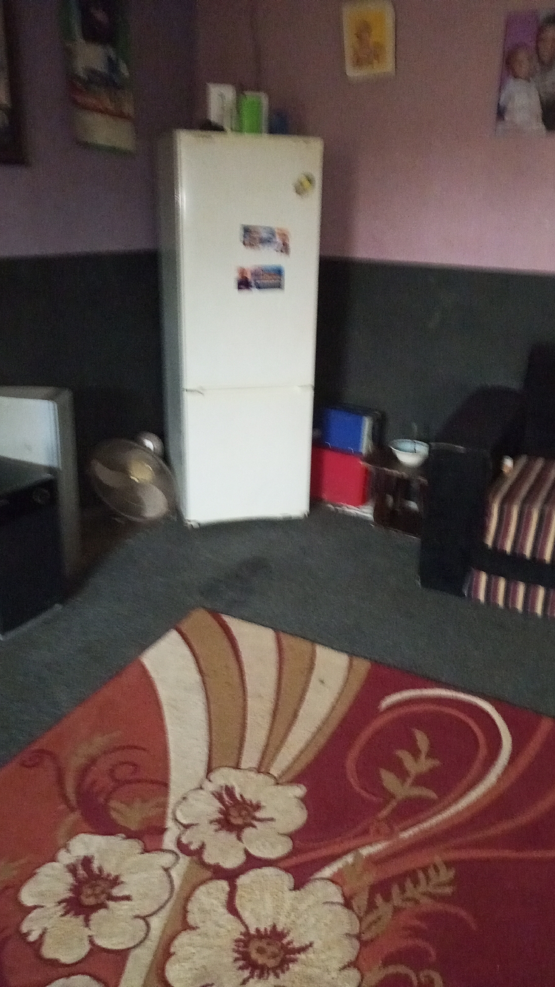 The image depicts an interior scene, potentially in Sabon Tasha, Nigeria. The foreground features a red rug with large floral patterns in beige and white. Behind the rug, the floor is covered in a dark gray carpet. A white refrigerator stands against a wall that is two-toned: dark gray on the bottom half and light purple on the upper half. Various items surround the refrigerator, including a small electric fan, blue and red boxes, and a small table with a white bowl on it. A black armchair with striped cushions is present to the right of the refrigerator. A framed picture hangs on the purple wall behind the refrigerator.