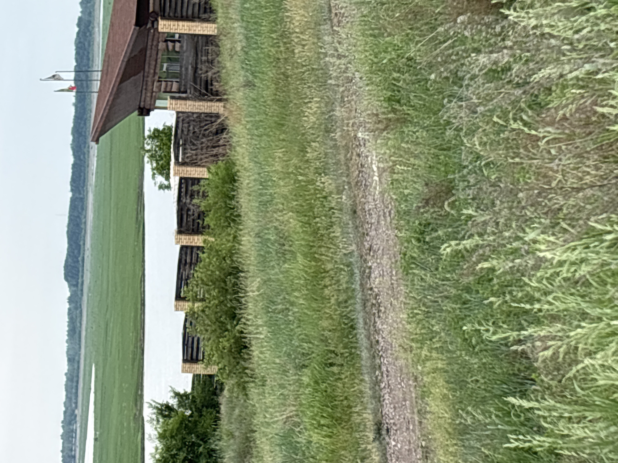 The image depicts a rural landscape near Ust-Abakan, Russia, under an overcast sky. In the foreground, a gravel path winds through tall, green grass. Behind the path, a wooden fence with brick posts separates the grassy area from a body of water. Further back, a wooden structure with a dark brown, angular roof stands on the property. Three flags fly atop the building. Beyond the water, a vast expanse of green fields stretches to a tree line on the horizon. The overall scene conveys a sense of peaceful isolation.