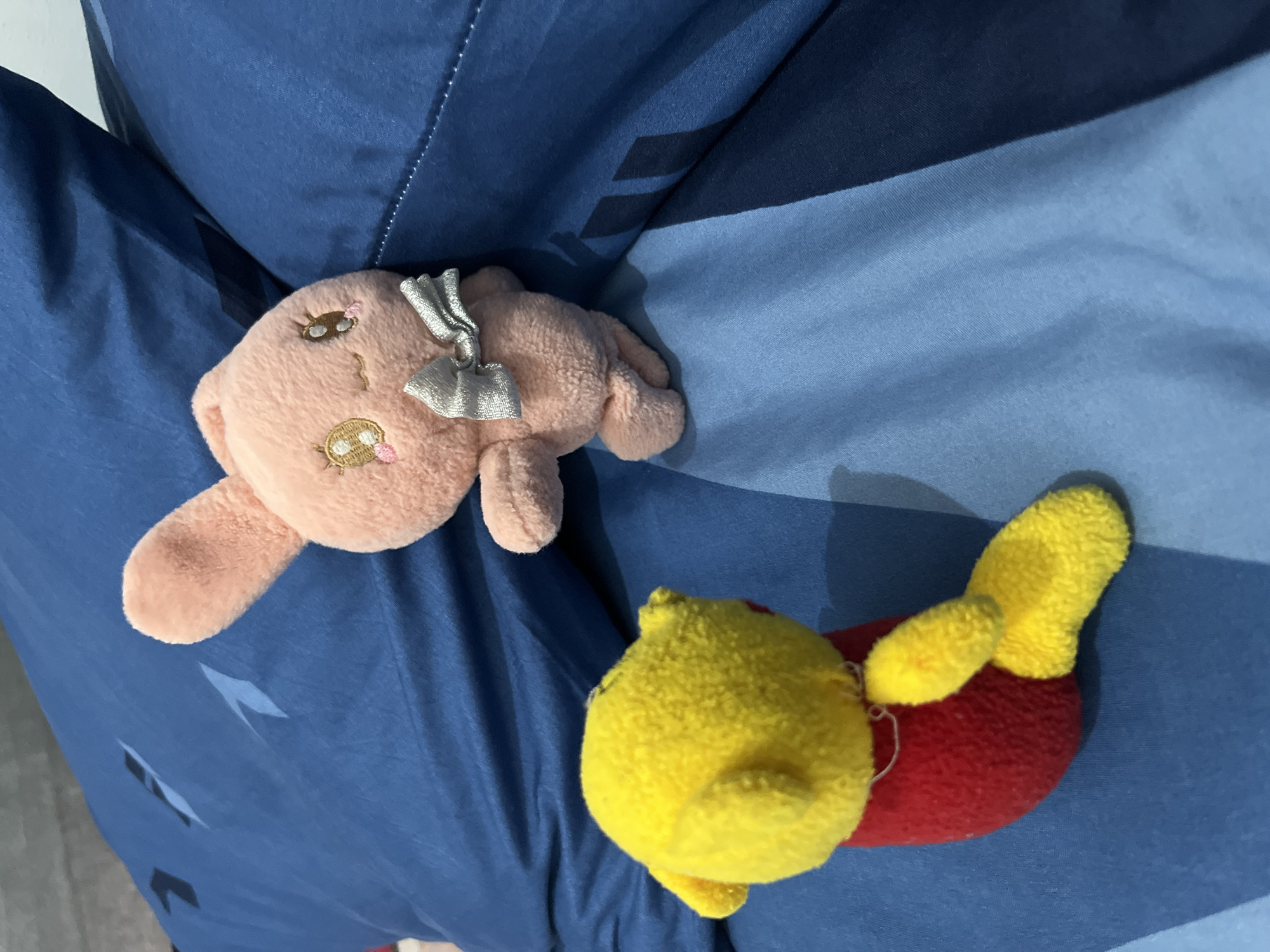 The image displays two plush toys resting on a textured blue fabric surface, likely bedding, in an indoor setting, possibly a bedroom in Lhokseumawe, Indonesia. The perspective is from above, looking down on the items.
In the upper left quadrant, a pink plush toy, resembling a sleeping rabbit or a similar creature, is visible. It has embroidered closed eyes with brown eyelashes and small pink cheeks. A shiny, silver-colored bow is tied around its neck or head. The toy's material appears soft and fuzzy.
In the lower right section of the image, another plush toy is situated. This toy features a yellow head and upper body, with a red lower body, consistent with the appearance of Winnie the Pooh. It is lying on its front. Its texture also appears soft and plush.
The background is dominated by shades of blue fabric, ranging from lighter blues to darker navy tones, with some subtle stripe patterns visible. The lighting is even, suggesting an indoor environment without clear indications of the time of day. There is no discernible activity or event taking place other than the static arrangement of the toys. No text is visible in the image. The scene conveys a calm and domestic atmosphere.