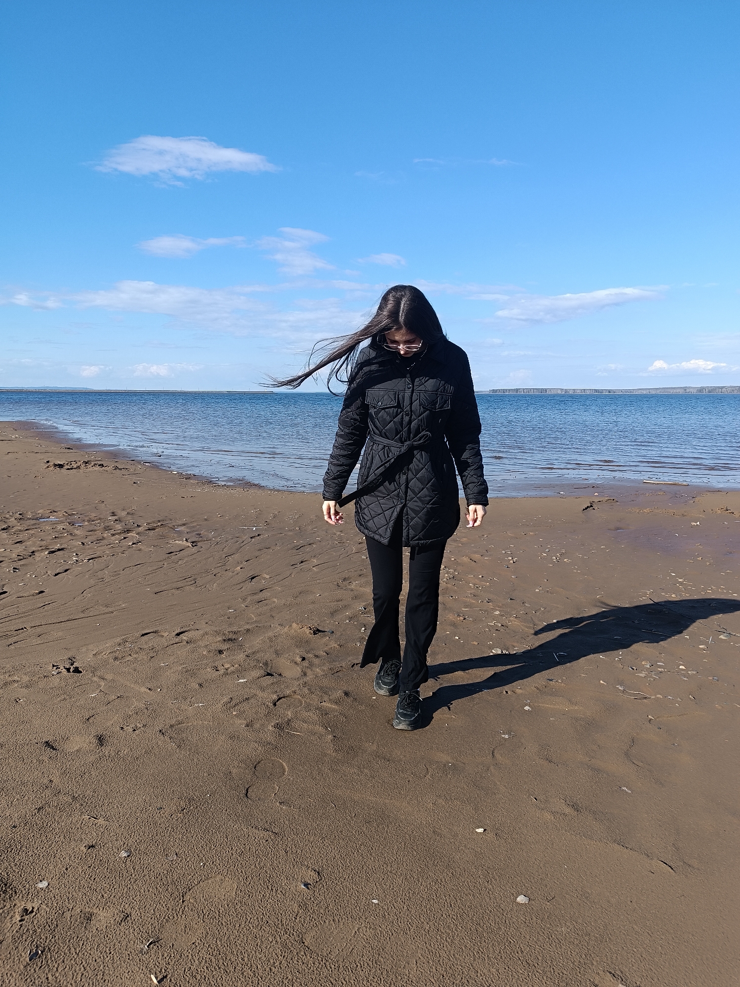 A person is walking on a beach. The person is wearing a black coat and black pants. The beach is sandy and there is water in the background. The sky is blue with a few clouds.
The person is located in Unknown, Unknown.