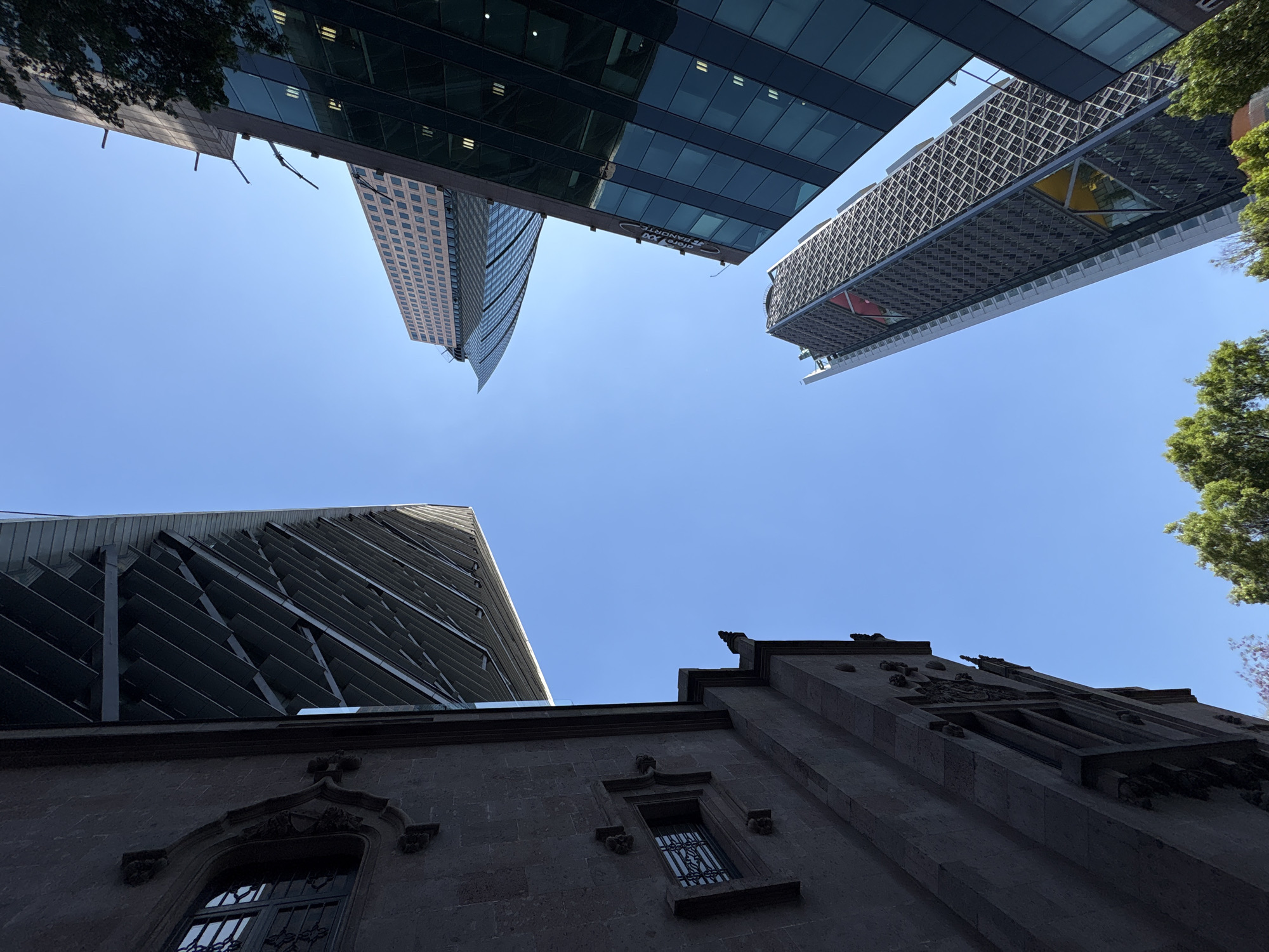 A low-angle, upward-looking photograph captures a clear blue sky bordered by five distinct architectural structures and minimal foliage, indicative of the financial district along Paseo de la Reforma in Mexico City, Mexico.
To the immediate left, a substantial portion of an historic, dark gray stone building is visible, featuring an ornate arched window with grates and decorative carvings along its facade. Adjacent to this, in the upper-left, is a modern high-rise characterized by a facade of uniformly angled, reflective metallic louvers or panels.
In the upper-right quadrant, a contemporary skyscraper is partially visible, primarily composed of dark blue-green glass panels. A prominent "Banorte Siglo XXI" logo is discernible on one of its upper sections. Below and to its left stands Torre Reforma, a distinctive modern skyscraper with a dark, intricate grid-patterned exterior and large triangular cutouts that include red and yellow colored panels. Further in the background, a lighter-colored, more conventional rectangular skyscraper with numerous small, evenly spaced windows is also visible.
Green tree foliage lines the bottom edge of the frame, suggesting a street-level perspective. The scene is illuminated by bright daylight, casting some portions of the older stone building into shadow. No people or active interactions are present within the frame.
