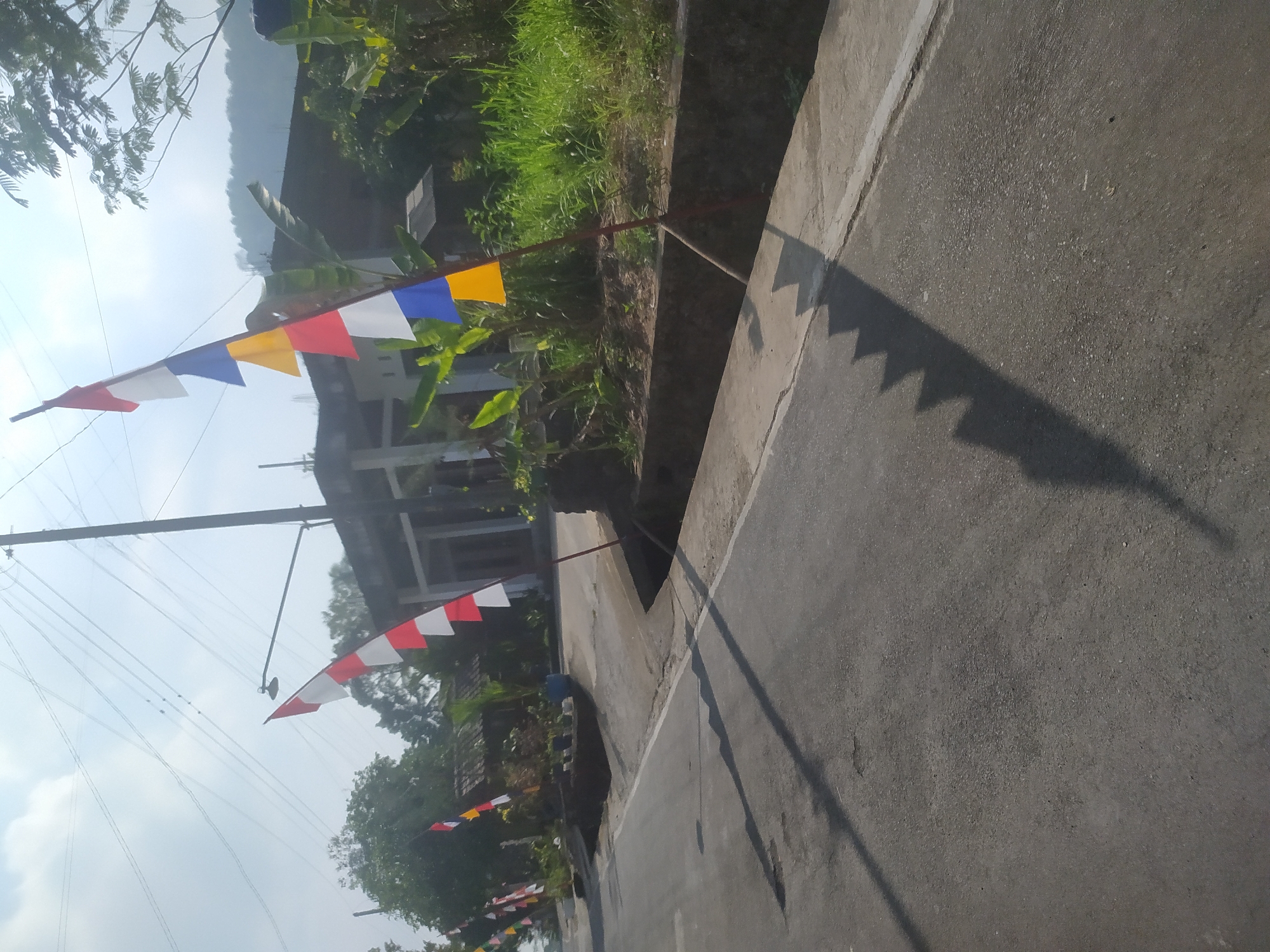 The image depicts a street scene in Lopait, Indonesia, characterized by the presence of Indonesian flags, indicating a celebration or patriotic event. The flags are mounted on poles along the side of an asphalt road. In the background, there are houses with tiled roofs, lush green vegetation including banana trees, and a hillside. The sky is partly cloudy with visible power lines and a utility pole. The lighting suggests it is daytime, with shadows cast by the flags and a tree on the road. The overall impression is a rural or semi-urban setting in Indonesia.