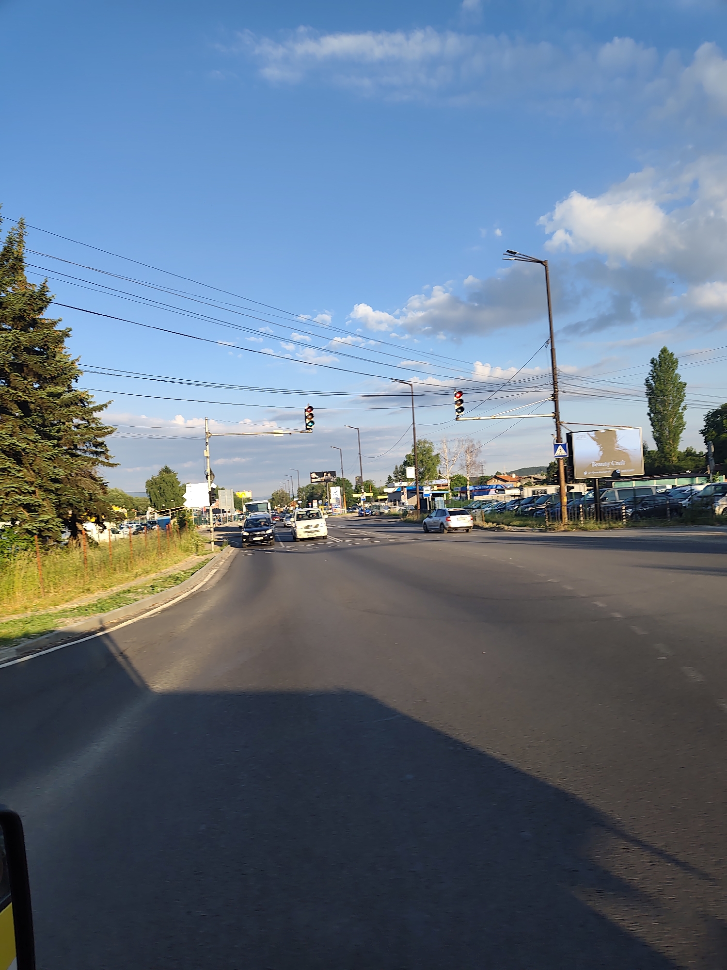 The image captures a street scene in Dragichevo, Bulgaria, under a partly cloudy blue sky. The perspective is from a moving vehicle, looking forward along a paved road. On the left side of the road, a large coniferous tree stands prominently, with a grassy area and a wire fence separating it from the road. Beyond the fence, several cars are parked.
The road itself has lane markings and appears to be a multi-lane thoroughfare with traffic. Several vehicles are visible on the road, including a black van, a white van, and other cars. Traffic lights are present at an intersection, with the red light illuminated.
Streetlights and power lines crisscross the sky above the road. In the background, more parked cars, buildings, and trees are visible. A billboard advertising "Beauty Cafe" is also present on the right side of the road. The overall impression is that of a suburban or semi-urban environment during daylight hours, with a sense of movement and everyday activity. The lighting suggests it is either late afternoon or early evening.