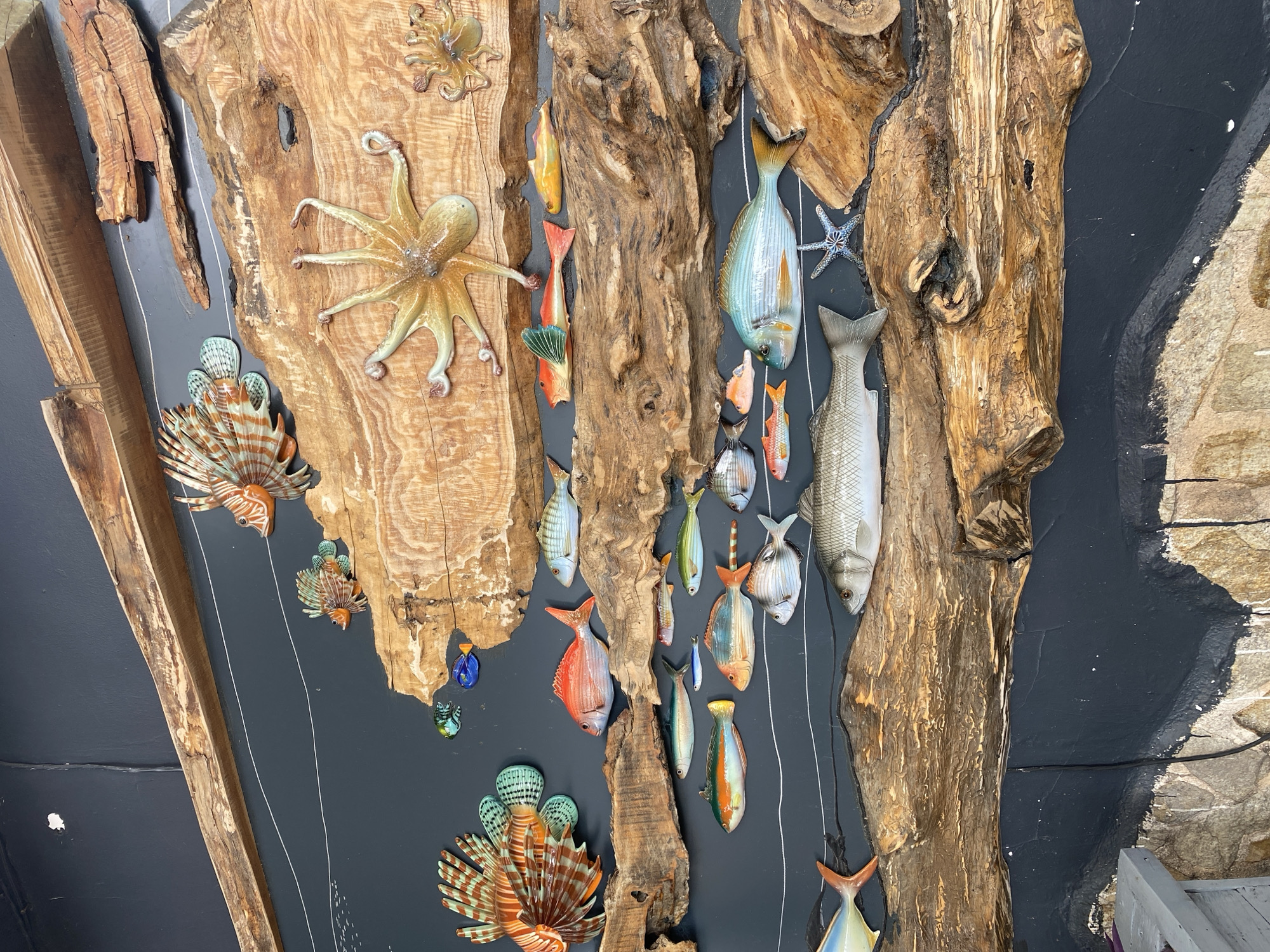 The image shows a decorative wall featuring a collection of marine-themed art. Several pieces of driftwood are mounted on a dark gray wall, creating a textured backdrop. Attached to the driftwood and wall are numerous fish sculptures in various colors and sizes, along with two octopus figures and several lionfish replicas. Thin, white strings appear to simulate water currents flowing around the fish. The environment appears to be a building interior, with a section of the wall on the right side featuring a rough, stone-like texture. The location is not specified beyond Unknown, Unknown.