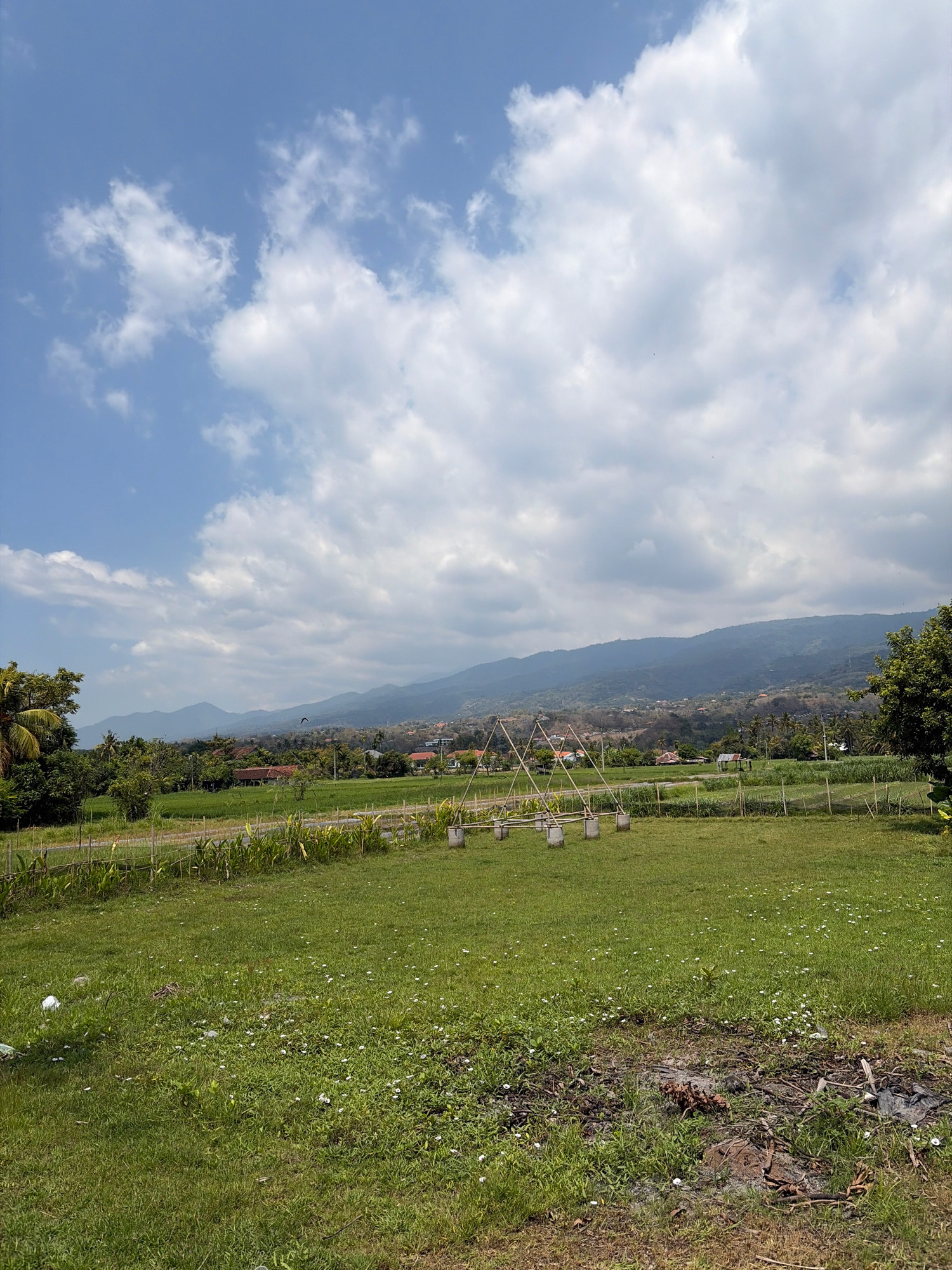 A wide, landscape photograph depicts a rural scene in Banjar, Indonesia, under a partly cloudy sky. In the foreground, a green, grassy field is sparsely dotted with small white flowers. To the left, a pile of debris, including plastic bags and dry leaves, rests on the ground. In the middle ground, a row of young corn stalks is bordered by a bamboo fence. Further back, a structure made of bamboo poles arranged in a triangular frame is set upon concrete supports, and beyond that, a lush green rice paddy stretches across the landscape. In the background, a village with red-tiled roofs is nestled at the base of rolling, tree-covered hills that rise to form a mountain range. The sky is a bright blue with scattered white cumulus clouds.