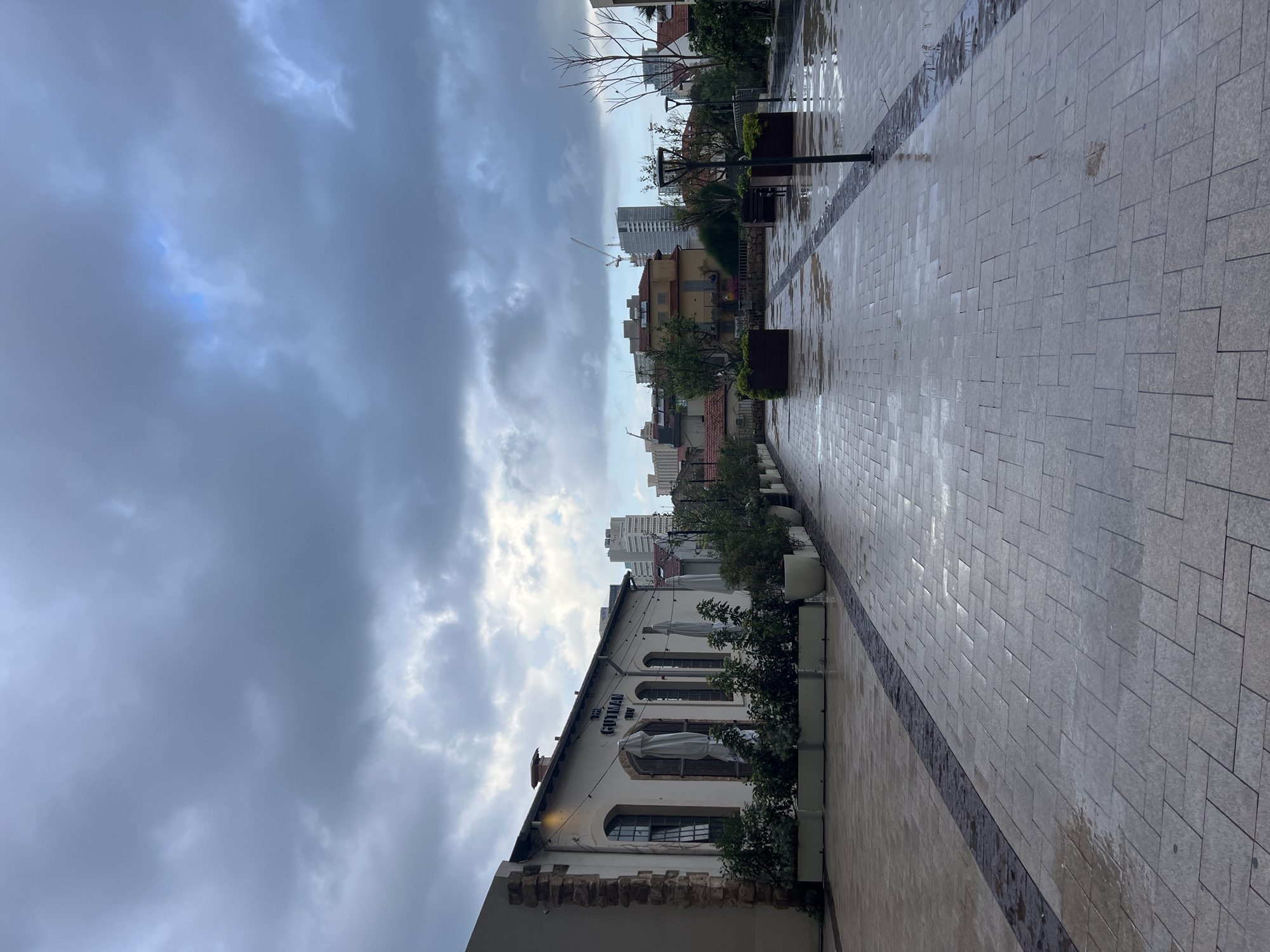 The image depicts a street scene in Tel Aviv, Israel, under a cloudy sky. The ground is paved with light-colored rectangular blocks. A building stands along the left side of the frame, displaying the name "THE GUZMAN" on its facade. Large potted plants line the sidewalk next to the building. The street appears wet, possibly from recent rain, with reflections visible on the pavement. In the distance, taller buildings are visible, suggesting an urban setting. There are no people visible in the shot.