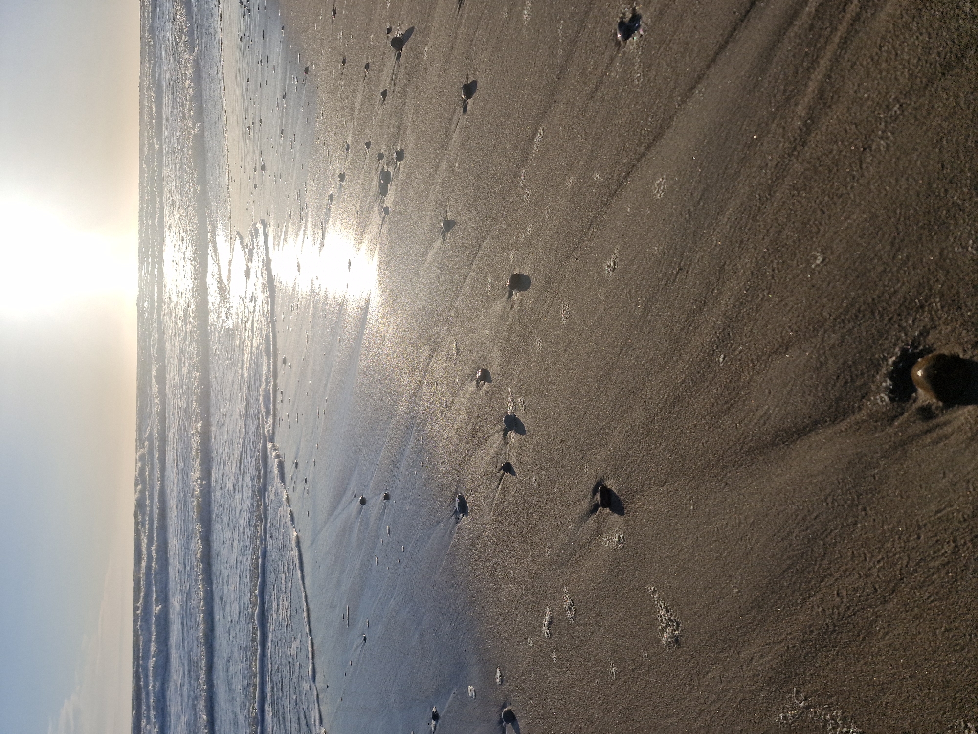 A wide-angle, eye-level shot captures a sandy beach with the ocean in the background. The sun is high in the sky, casting a bright glare on the water and creating reflections on the wet sand. Waves are gently rolling onto the shore, with white foam visible. Small pebbles are scattered across the sand, and some areas of the sand show ripples from the receding water. The sky is clear with a slight haze. No people or structures are visible. This scene is consistent with the Curonian Spit near Klaipėda, Lithuania, a popular coastal area known for its beaches and natural beauty.