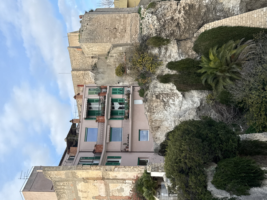 A multi-story building with a light pink facade and multiple green-shuttered windows and balconies is prominently featured, built into a rocky hillside. The balconies are adorned with small potted plants, and some windows are equipped with white awnings.
Above and to the right of this building, ancient-looking stone walls and terraced structures are integrated into the natural rock formations, suggesting a historical or fortified part of the settlement. These stone structures appear weathered and are made of large, irregular blocks.
To the right and below the pink building, a steep, rocky cliff face descends, characterized by white and grey rock outcrops. This cliff is densely covered with diverse green vegetation, including thick bushes, a noticeable palm tree, and other shrubbery.
In the bottom left corner, another building or structure is visible, appearing to be in a state of construction or disrepair, with exposed brickwork and concrete. The sky above is clear and pale blue with scattered white clouds, indicating daytime. No human activity or visible text is present. The scene depicts an urban environment closely intertwined with a natural, rocky coastal landscape, characteristic of Cagliari, Italy.