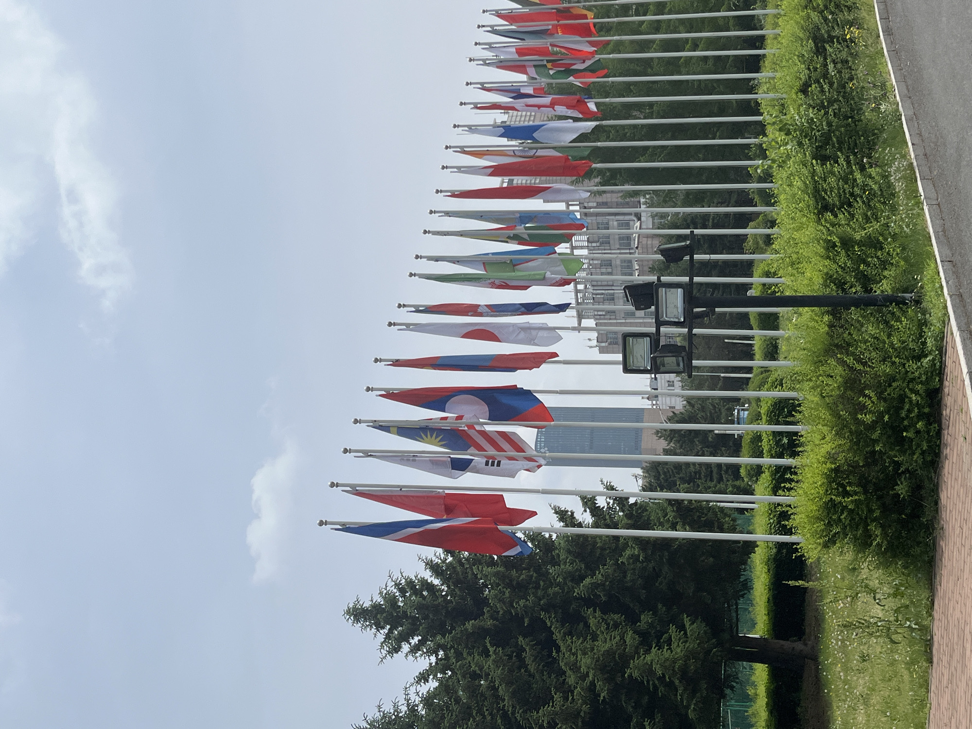The image shows a row of flagpoles displaying various national flags, likely representing different countries. The flags are waving in the wind, indicating some breeze in the area. A line of hedges and trees is visible on one side of the flagpoles, while a paved road is on the other. A tall building can be seen in the background. Based on the location, this image is likely in Changchun City, China.