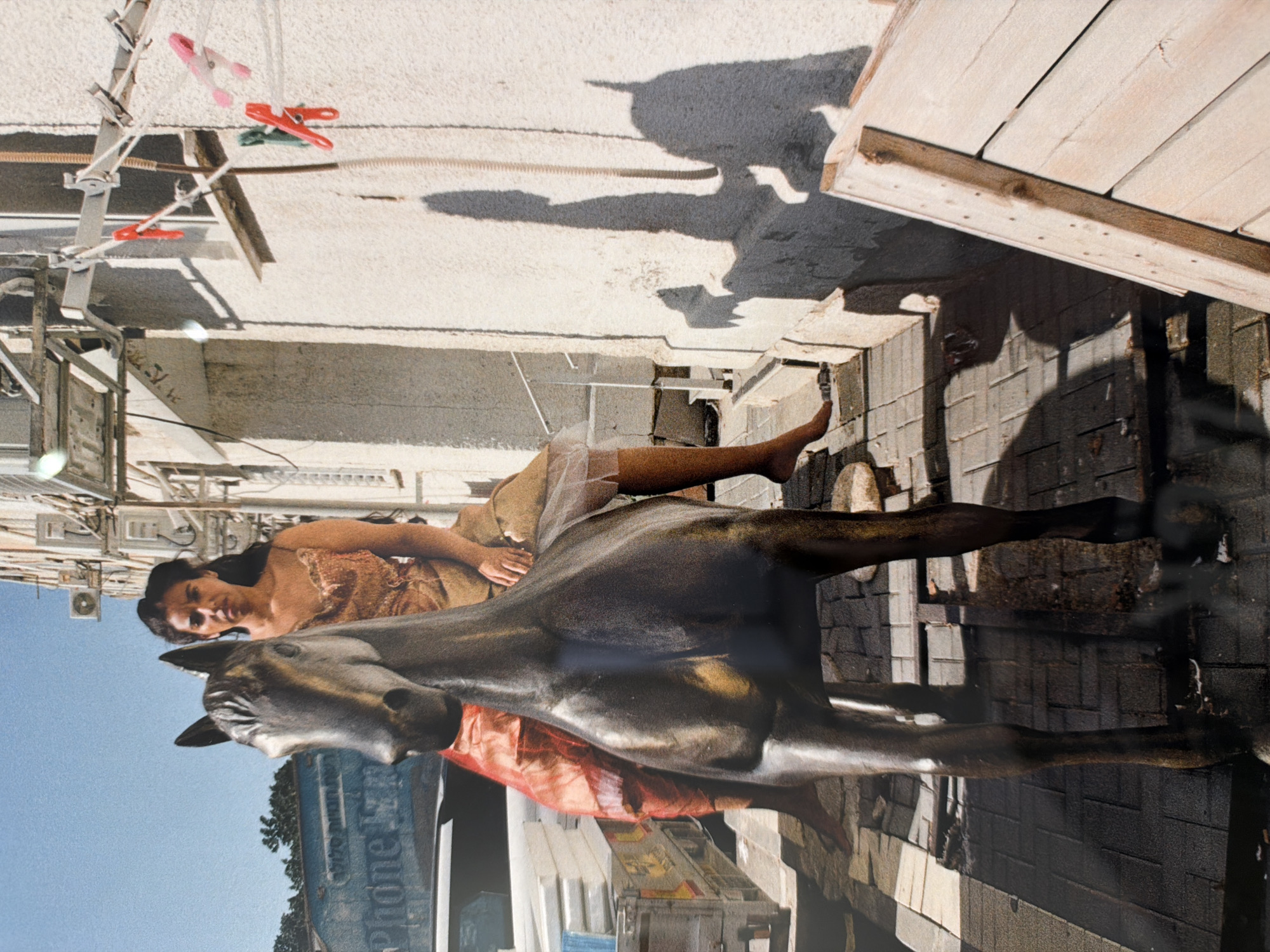 The image depicts an outdoor urban scene in Tel Aviv, Israel, bathed in bright daylight under a clear blue sky.
The main subjects are a woman and a dark-colored horse statue. The horse statue, possibly made of bronze or another metal, stands prominently in the foreground, facing towards the left. The woman is positioned beside the statue, reclining on what appears to be a lower structure or a prop. She has dark hair and is wearing a light, possibly beige or brown, top, with a sheer, light-colored fabric draped over her legs. She looks directly at the viewer with a relaxed expression, her left arm gently resting on the horse's back.
The setting suggests a street or courtyard. In the background, buildings with light-colored walls are visible. High on one of these walls, distinct shadows are cast, including the silhouette of what appears to be an animal, possibly a donkey or another horse, and a person. A clothesline with red and pink plastic clothespins hangs against a wall further back. Below the horse statue, part of a blue structure, possibly a vehicle or kiosk, is visible, with white text on it. The ground is paved with what looks like stone or brick.
The time of day is clearly daytime, evidenced by the strong sunlight and sharp shadows. Part of the word "PHONE" is visible in white letters on the blue background behind the horse statue.