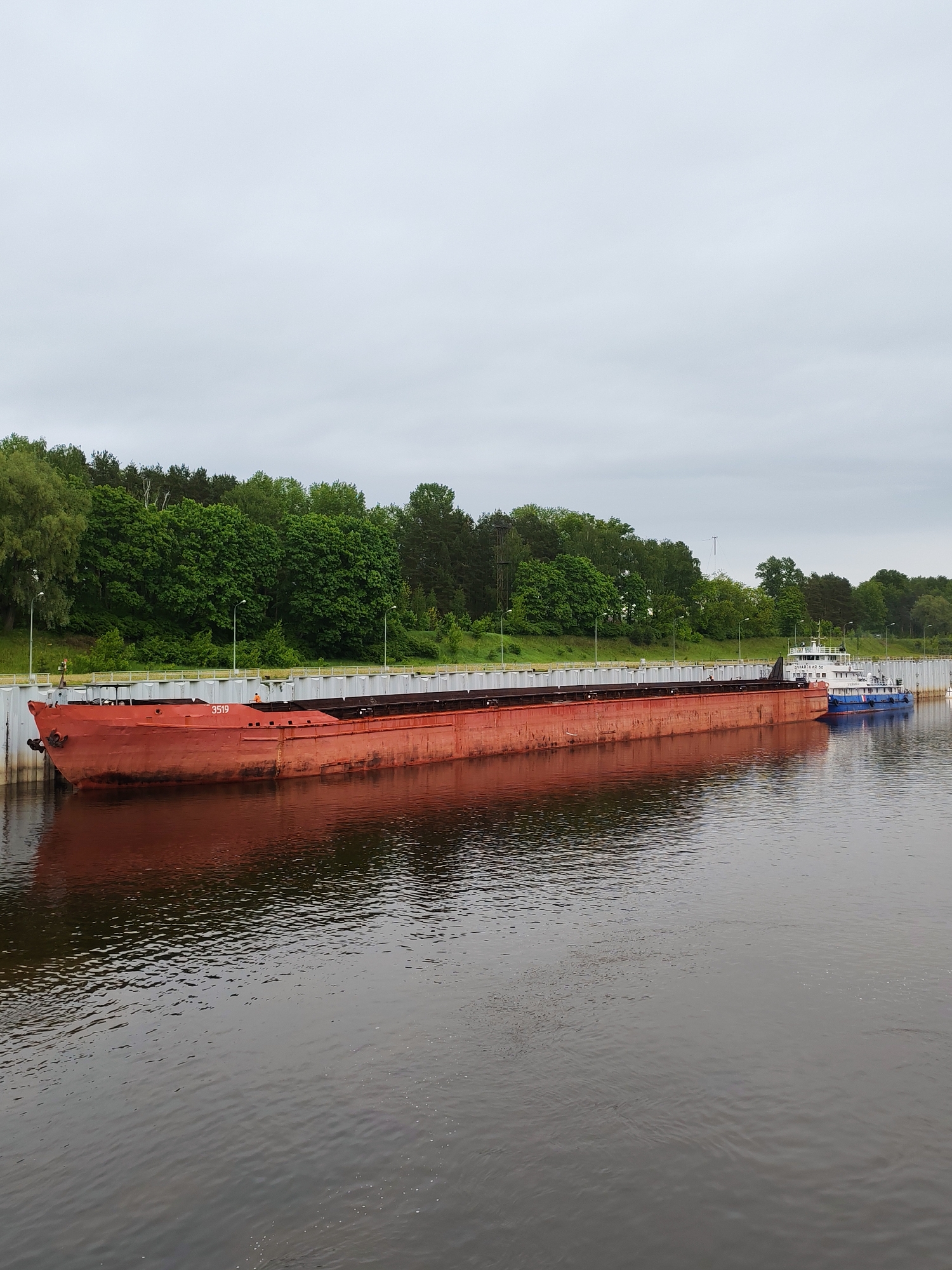 A long, red barge labeled "3519" is docked at a concrete quay beside a lock in Bol'shie Mkhi, Russia. A blue and white tugboat is tethered to the barge's stern. Behind the quay, there is a line of green trees. The sky is overcast. The water is dark and calm.