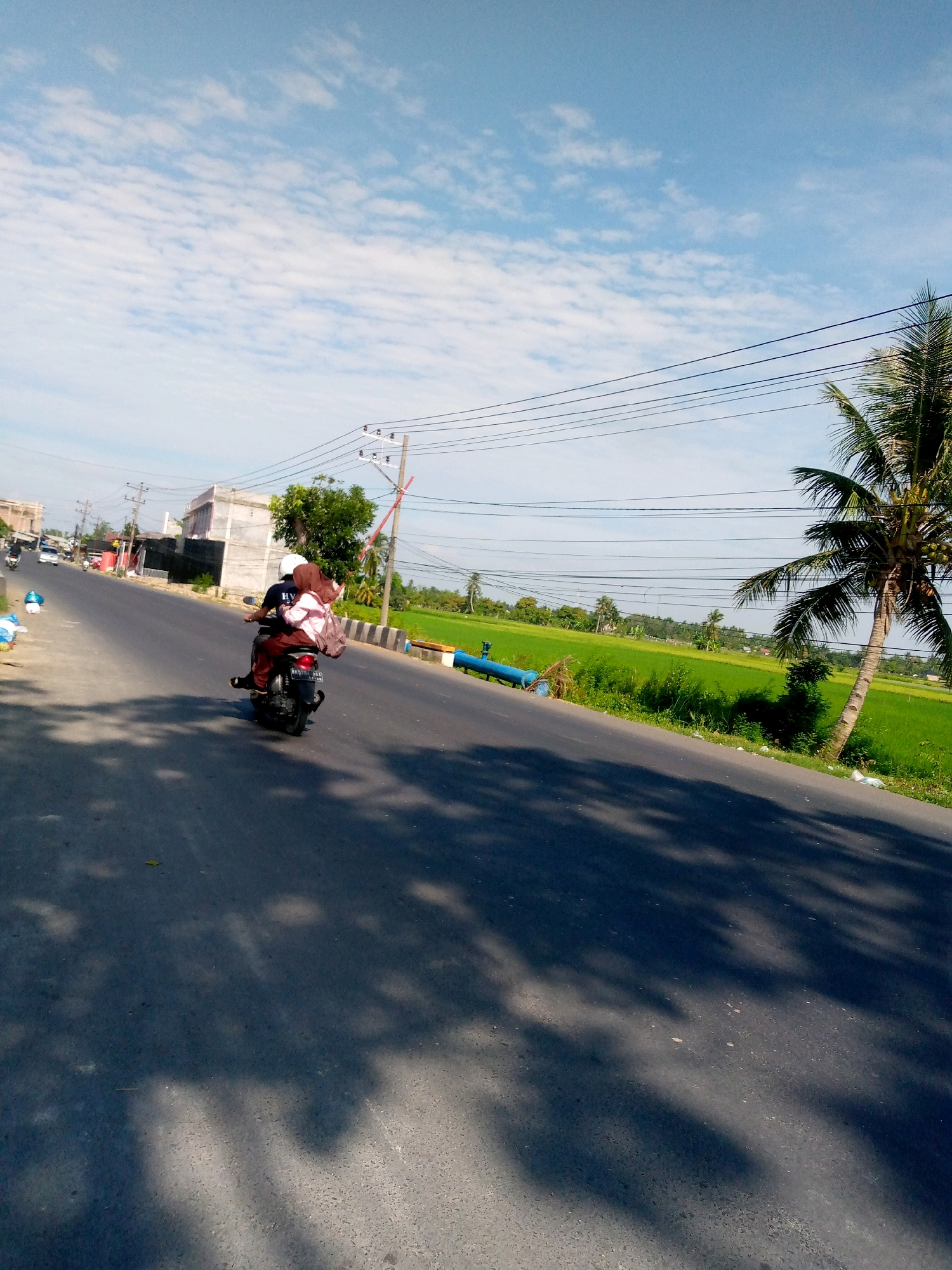 A person wearing a helmet and a pink hijab rides a motorcycle with another passenger wearing a pink hijab on a paved road in Blangpeuria, Indonesia. The motorcycle is moving away from the camera, and the passenger is carrying a bundle of light-colored fabric. They are traveling on a road with power lines overhead and a palm tree on the right side. To the left of the road are buildings and other vehicles, while the right side features a vibrant green rice field. The sky is a clear blue with scattered white clouds, and the sun casts shadows of trees on the road.