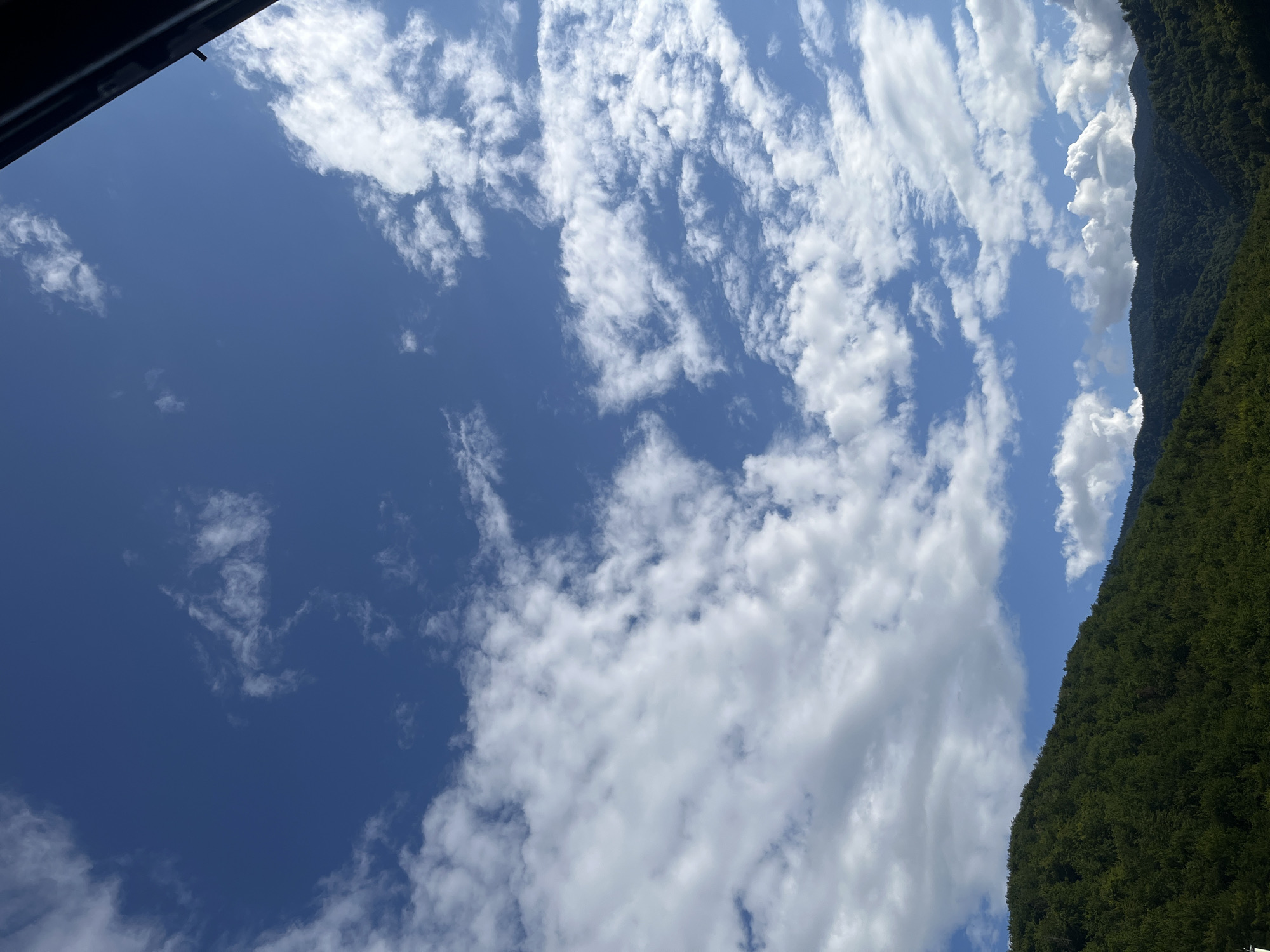 The image depicts a bright blue sky filled with scattered white cumulus clouds. Below the sky, a lush, green, tree-covered mountainside slopes upwards, forming the lower portion of the frame. The scene appears to be an outdoor landscape. There are no people, animals, or man-made structures visible in the main portion of the image. The top right corner shows a dark, angled object, possibly the edge of a roof or window frame. The image does not provide specific indicators of its location within Brasov, Romania.