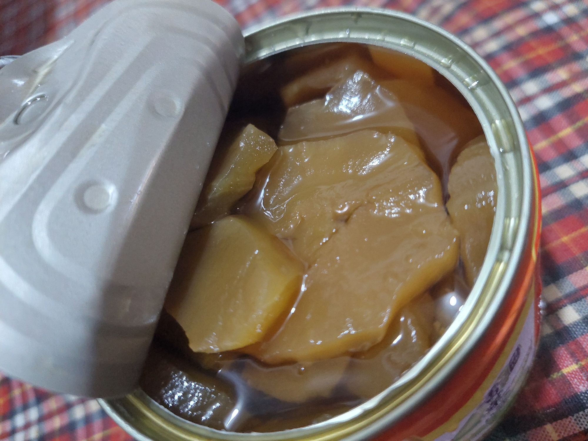 A close-up, high-angle shot shows the inside of an opened tin can filled with sliced, light brown fruit in syrup. The can's lid is partially open and to the upper right. The fruit slices are irregularly shaped and appear soft. The can is positioned on a red and white checkered surface. The scene is indoors, and no people are visible. The location in Jelutung, Indonesia is not discernible from the image.