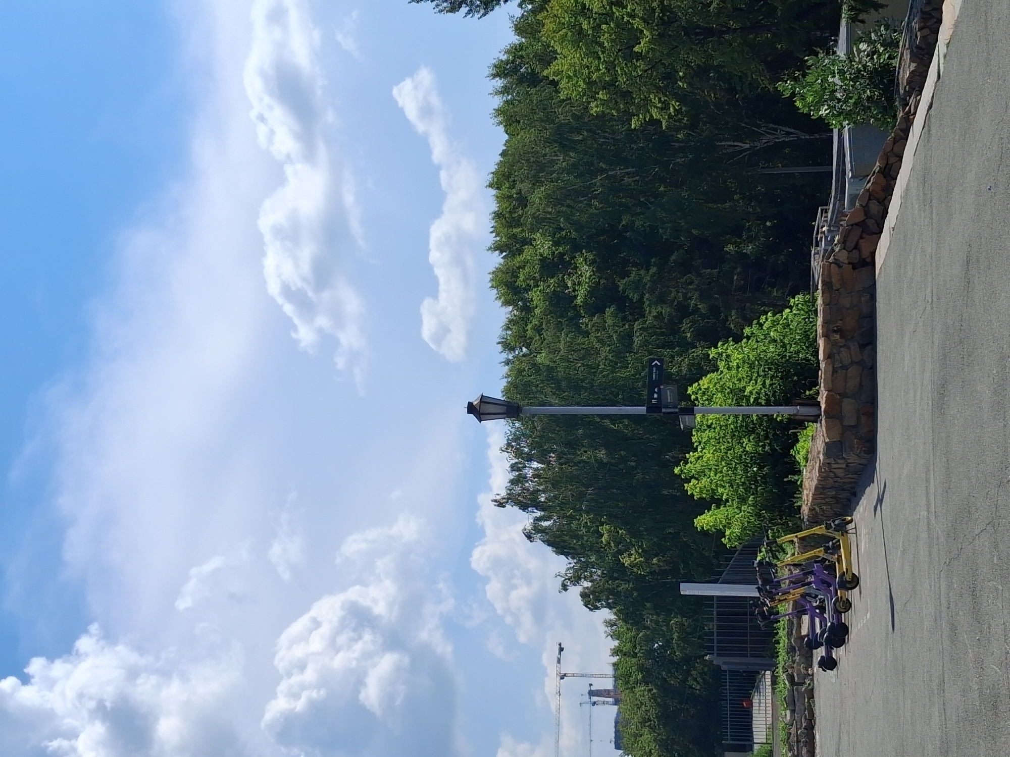 An outdoor paved area features several electric scooters parked in a row. Three purple scooters are on the left, followed by a yellow scooter on the right. Behind the scooters, a low stone wall separates the paved area from a lush green area with dense trees and bushes. A lamppost stands in the middle of the scene, next to a signpost with text. Further back, a metal fence encloses an area, and construction cranes are visible in the distance against a sky with scattered clouds. The overall setting appears to be a park or public area, possibly in a suburban or city outskirts location given the presence of construction.