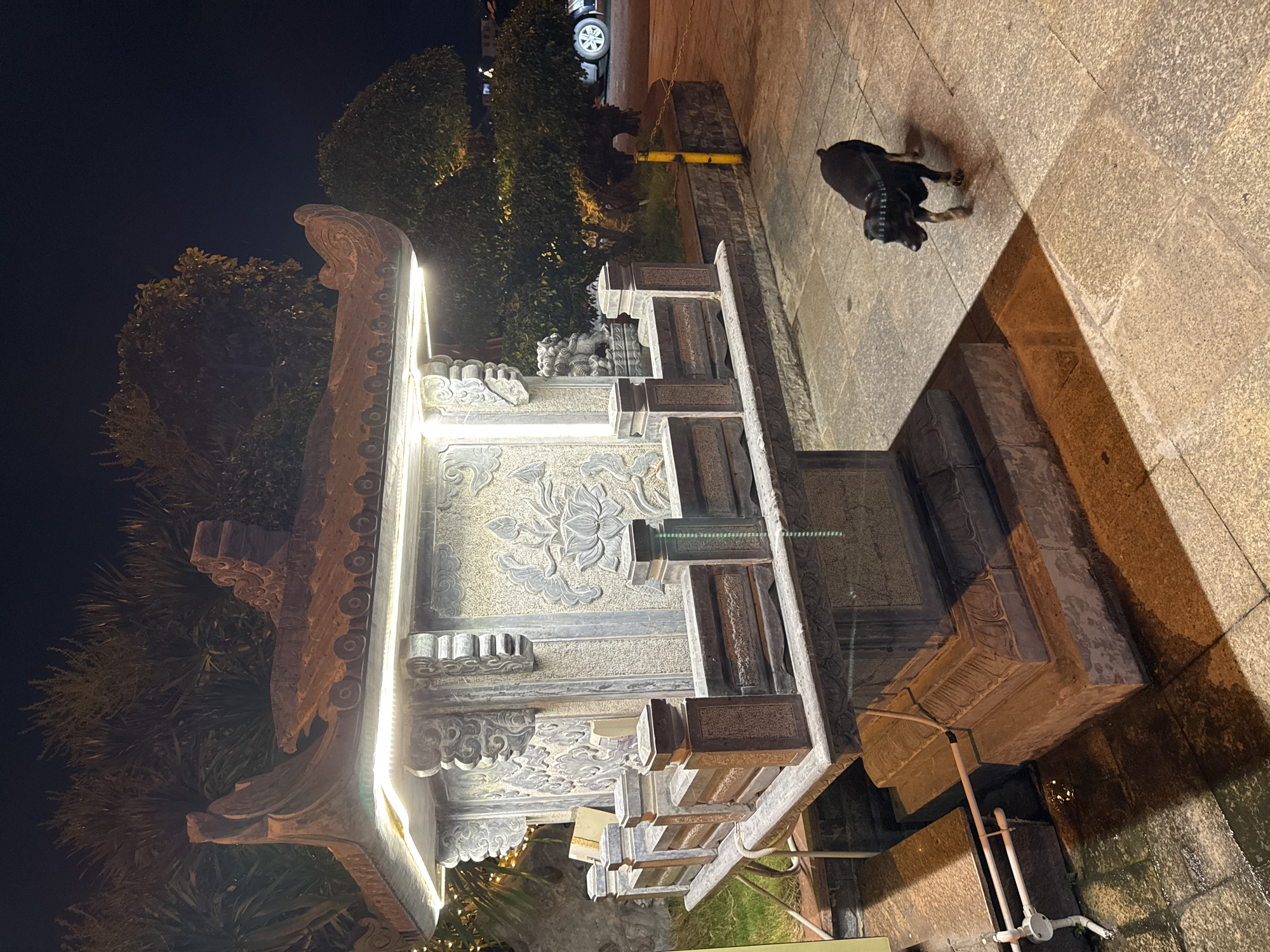 This is a night-time exterior shot of an ornate, stone altar structure in Nha Trang, Vietnam. The altar is illuminated by embedded LED lights along its roofline and has intricate carvings, including lotus flowers and possibly mythological creatures. A small, dark-colored dog with a green collar is walking on the paved ground to the right of the altar. In the background, trees and a parked car are visible. The overall lighting suggests artificial illumination from the altar and surrounding streetlights.
