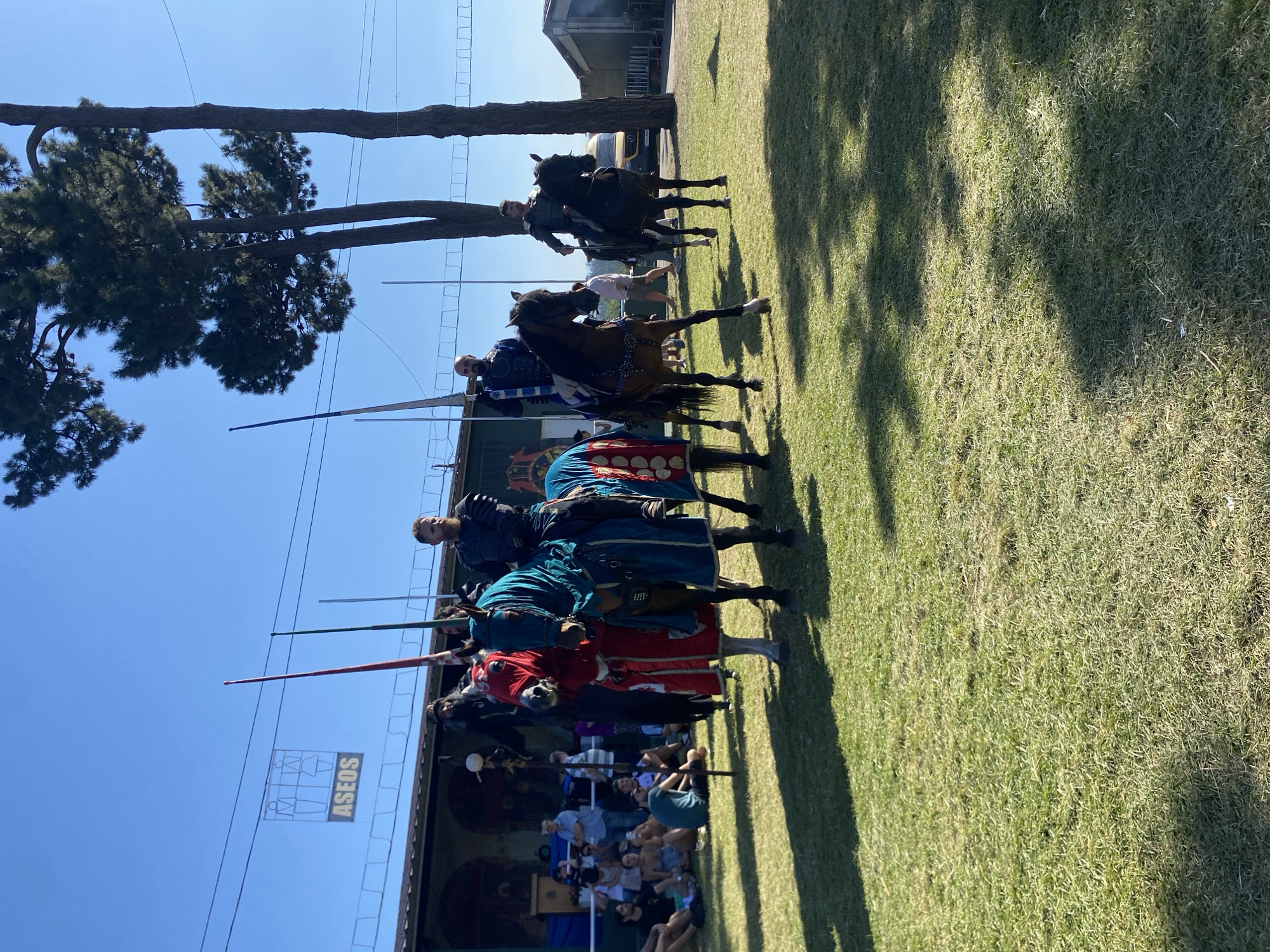 Four men on horseback, dressed in medieval-style armor and costumes, are lined up in a grassy field. The horses are also adorned with colorful caparisons. The men are holding lances. In the background, there is a crowd of spectators sitting and standing, and a building with a sign displaying the word "ASEOS." Trees are visible in the background, as well as a clear blue sky. The scene appears to be a historical reenactment or jousting event. The location is the Municipal Sports Complex of Llanera, Spain.