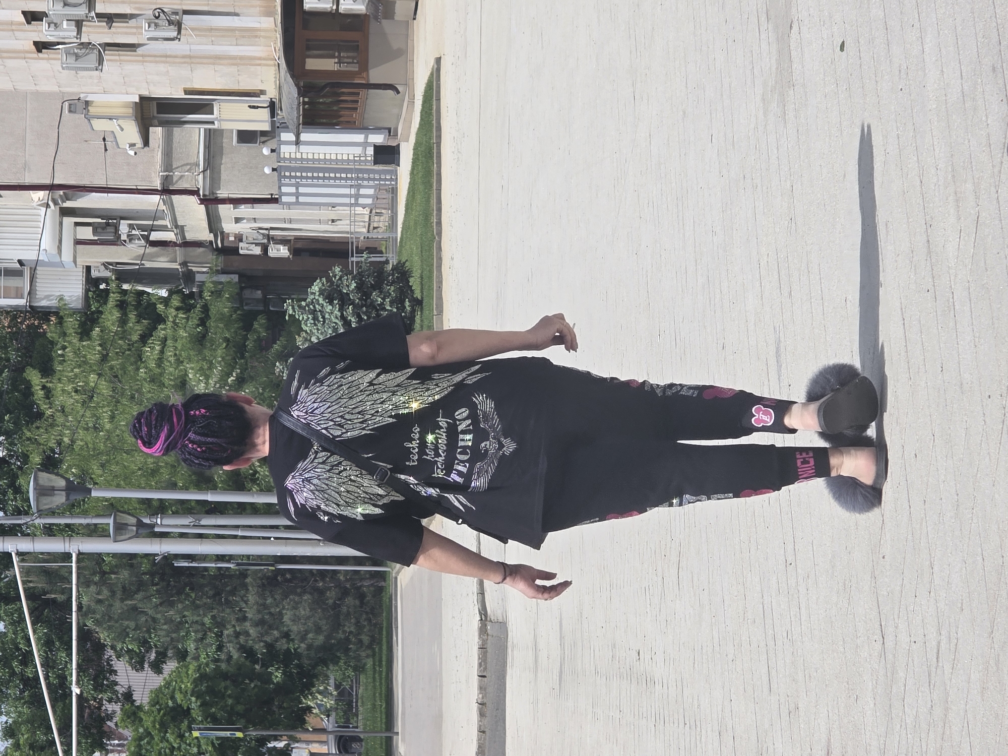 A person with pink-and-black braids is seen from the back, walking on a bright concrete walkway. They are wearing a black t-shirt with a silver design, black pants with pink accents and lettering ("nice"), and fuzzy black slippers. They are also carrying a black shoulder bag. In one hand, the person holds a cigarette.
Behind the person are trees, a row of street lamps, and a building. Based on the architectural style and features, this is likely a street in Krasnodar, Russia. The lighting suggests it is daytime.