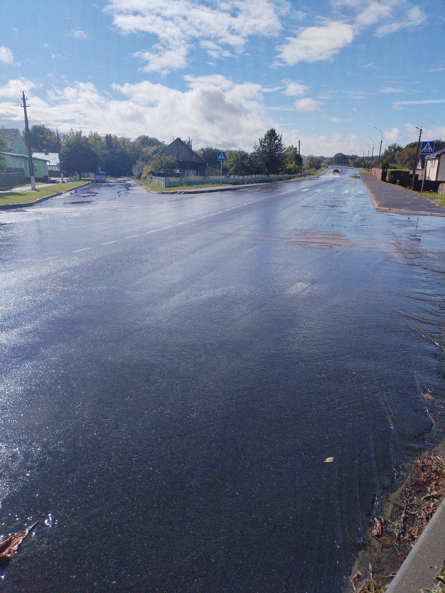 The image depicts a wet asphalt road in Bialynichy, Belarus, likely after a rain shower, with visible puddles and flowing water. The road has lane markings and appears to be a two-lane road. On the left side of the road, there are houses and trees. On the right side, there is a sidewalk, more houses, and trees. A blue pedestrian crossing sign is visible on the right side of the road. The sky is blue with scattered white clouds, suggesting daylight. The scene is devoid of people, and the only vehicles visible are distant cars on the road. The environment suggests a residential area within the town.