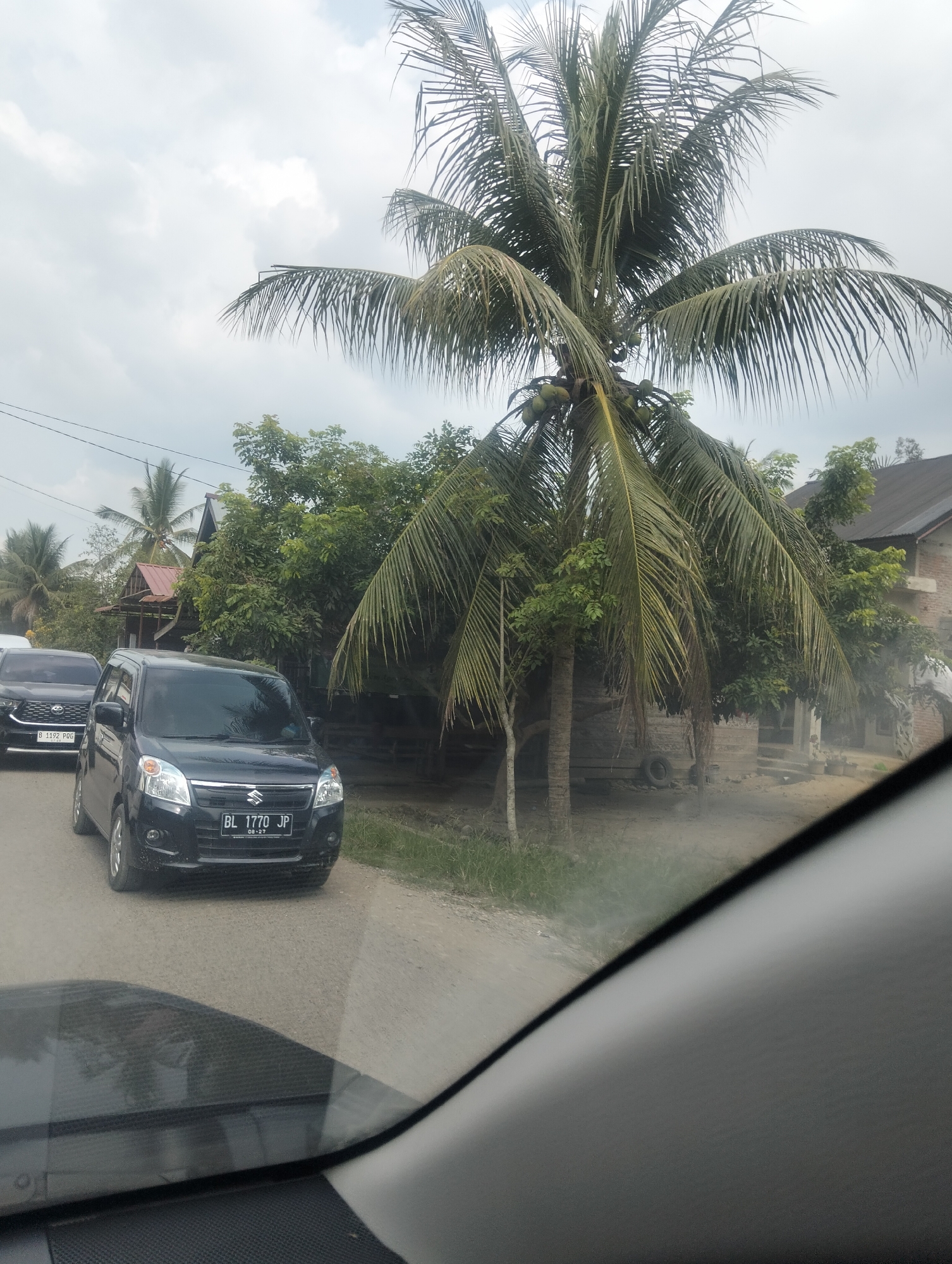 The image shows a street scene in Teupinreudeup, Indonesia. A black Suzuki Wagon R is parked on the right side of a dirt road, with its license plate visible as "BL 1770 JP". Behind it, another black SUV, possibly a Toyota Innova, is also parked on the road with its license plate "B 1192 POG" visible. A large coconut tree with several coconuts is prominent in the foreground, with its fronds partially obscuring the sky. To the right of the coconut tree, a two-story building with a dark roof is visible. Other vegetation, including smaller trees and bushes, is scattered throughout the scene. The sky is overcast with clouds. The photo is taken from inside a vehicle, with the dashboard and windshield frame visible in the lower part of the image, creating a slightly obstructed view.