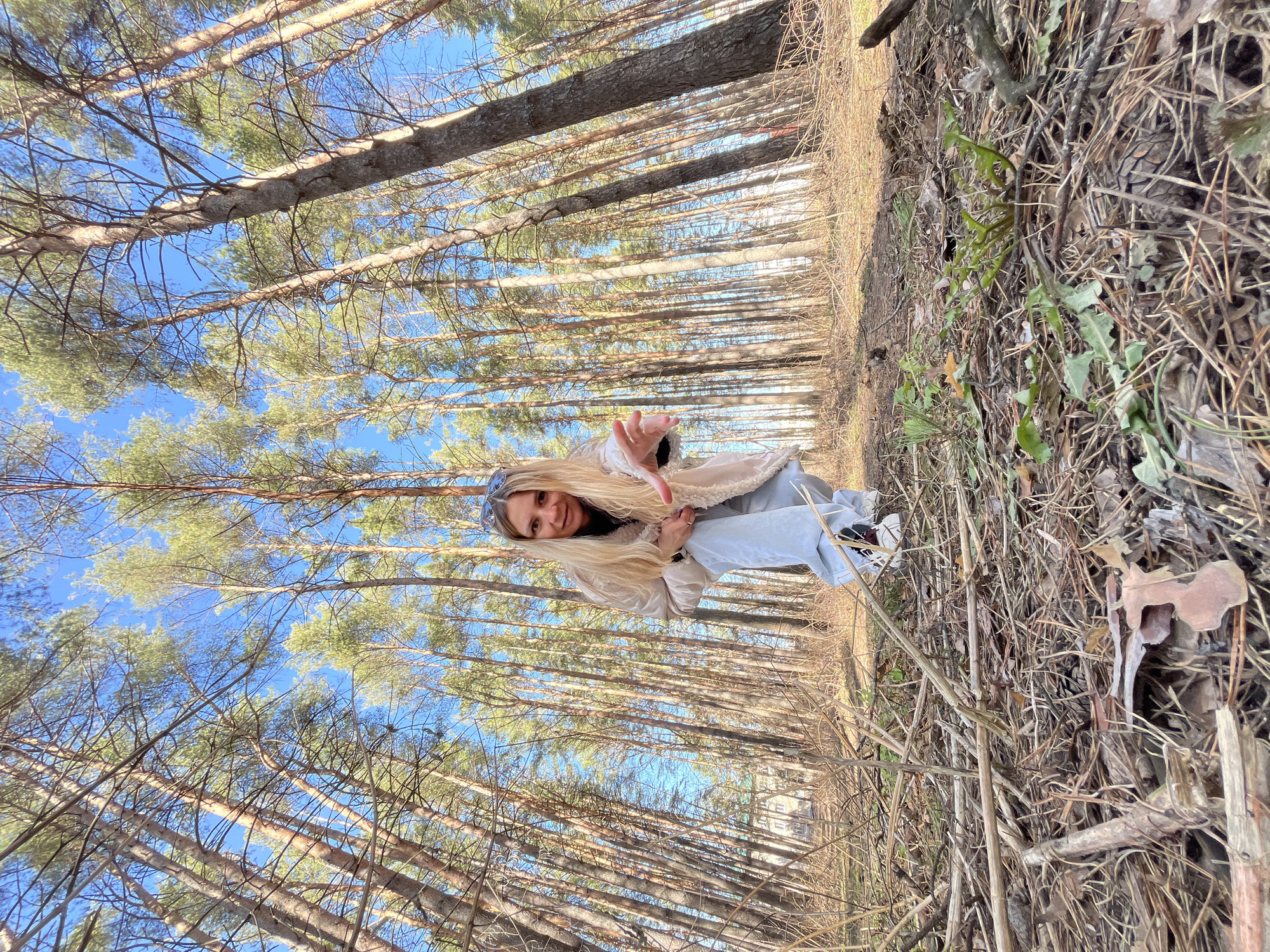 A woman with long blonde hair, wearing a light-colored jacket, blue jeans, and white sneakers, stands in a forest. The trees are tall and slender, with many branches reaching towards the sky. The ground is covered with dry leaves and twigs. The sky is visible through the trees and is a clear blue. The location is Chaikovsky, Russia.