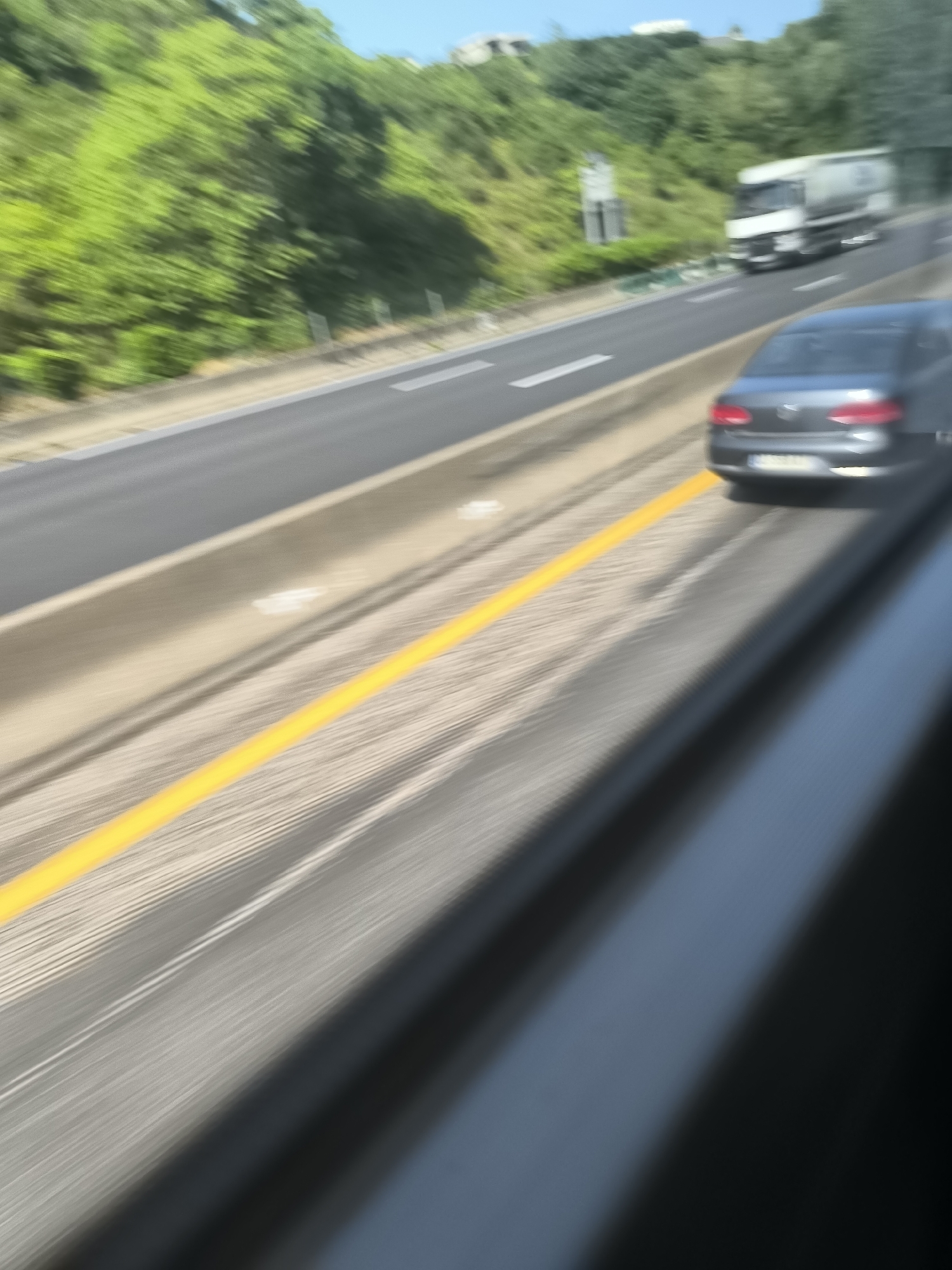 The image depicts a blurred view from a moving vehicle on a highway. A gray car is visible in the adjacent lane, followed by a white truck in the distance. A yellow line marks the edge of the lane. Green foliage lines the side of the road. The location is L'Horme, France.