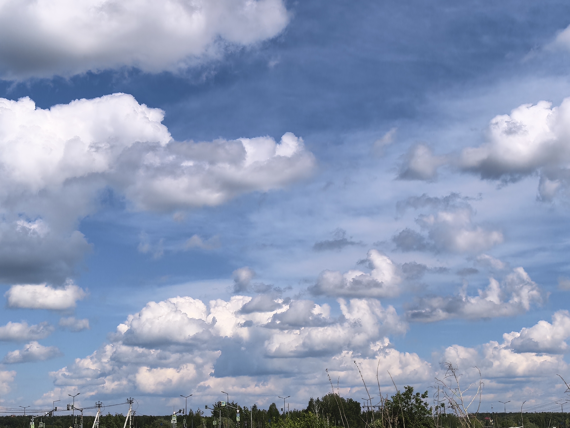 The image depicts a daytime scene with a predominantly cloudy sky. Cumulus clouds are scattered across the blue sky, varying in size and density. The lower portion of the image shows glimpses of urban infrastructure and vegetation. Traffic lights and streetlights are visible, along with a line of trees and shrubs. The foreground includes some dried plant stalks. The location is Unknown, Unknown.