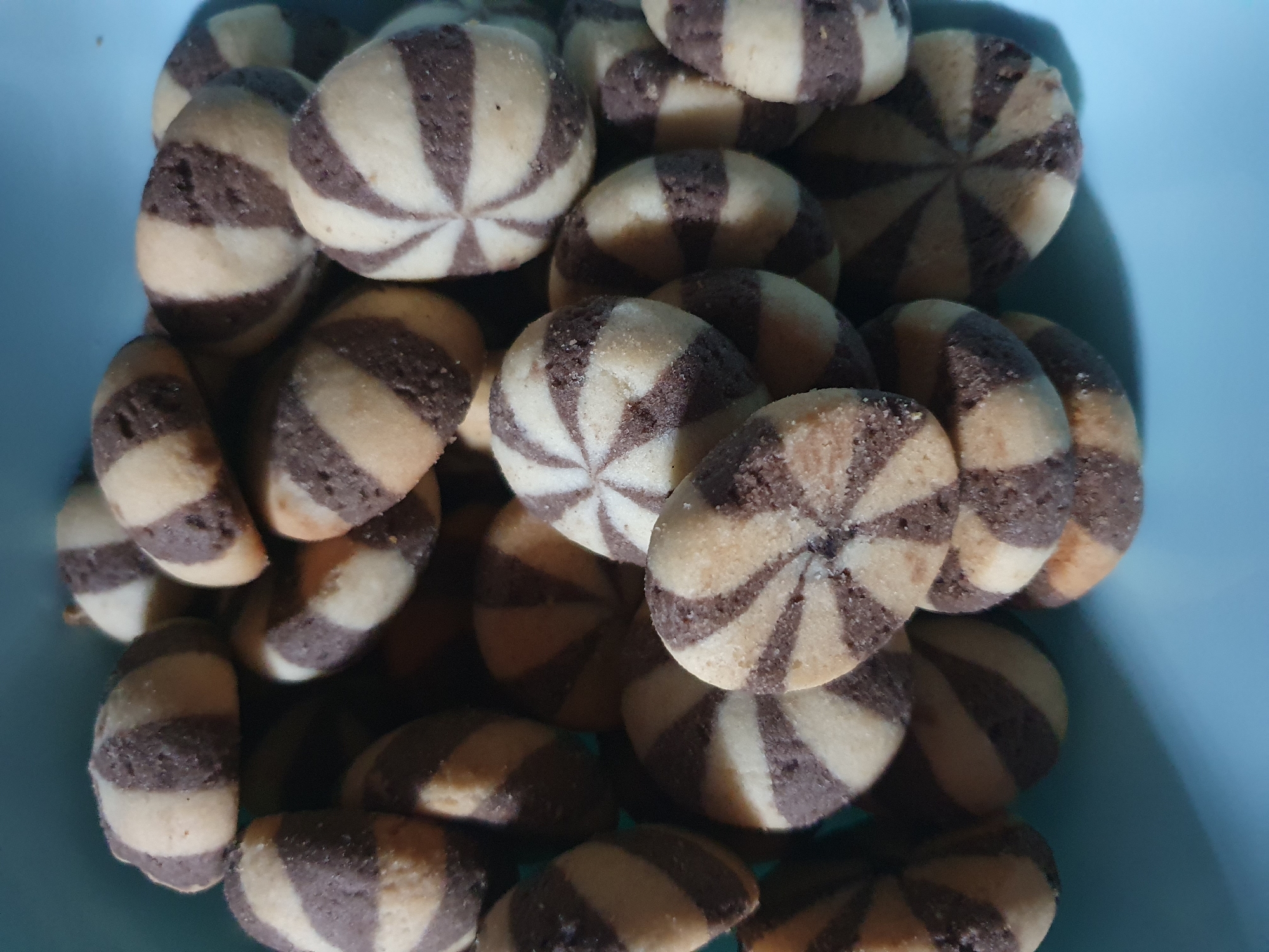 This is a close-up, overhead shot of a pile of swirled chocolate and vanilla cookies in a light blue container. The cookies are round with a patterned design created by alternating dark and light dough. Some cookies are partially obscured by others, creating a layered effect. The lighting suggests it is daytime, with the light source coming from the right, casting shadows on the cookies and the container. There is no visible text in the image. The scene is static, with no activity taking place other than the cookies being arranged in the container.