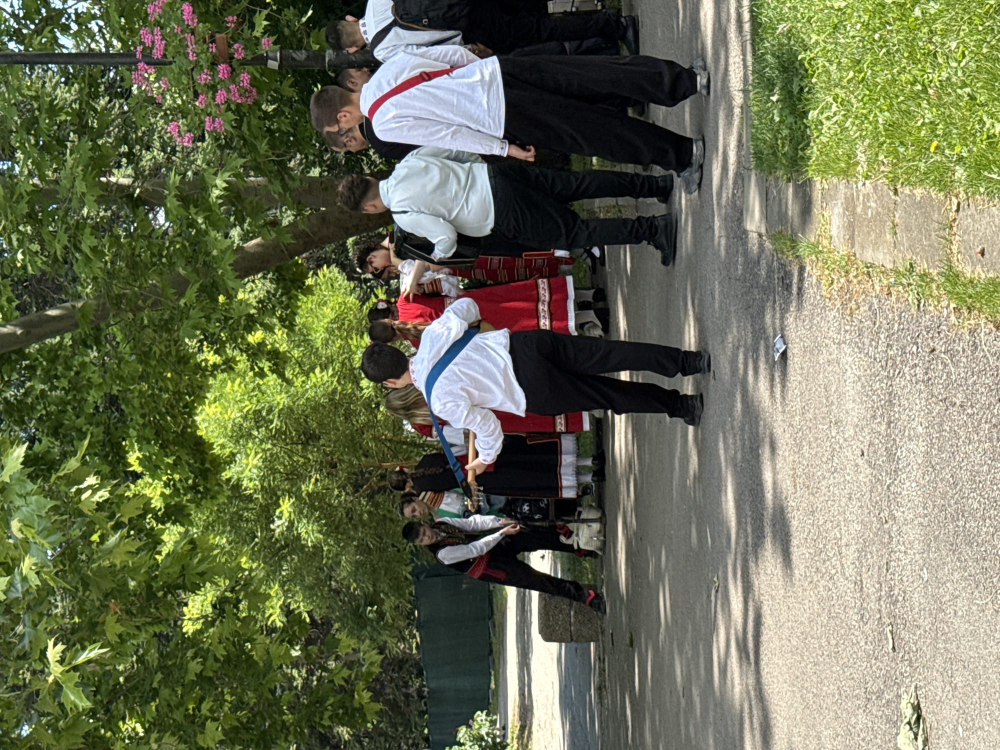 In an outdoor park setting, a group of young people are gathered. Some are dressed in traditional folk costumes, featuring vibrant patterns and embroidery. Others are in modern attire, consisting of white shirts and black pants. One individual in traditional dress is holding a blue musical instrument, possibly a flute. The group appears to be either participating in or observing a performance. The environment is lush and green, with large trees providing shade and pink flowers blooming in a hanging planter. The ground is paved with asphalt and there is a patch of grass to the right.