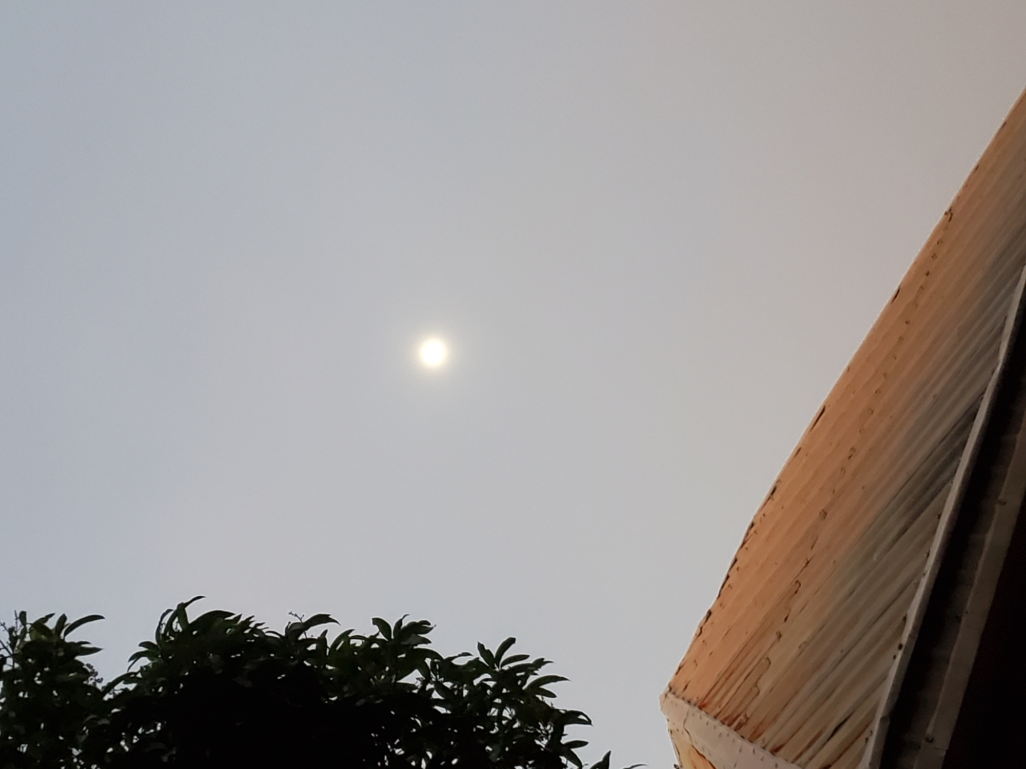 The image, likely taken in Mararaba, Nigeria, presents a view of the sky, filtered by a slight haze. A bright, circular sun is centrally positioned in the upper part of the frame. In the lower-left corner, dark foliage from trees obscures the bottom of the sky. The right side of the image is dominated by the corner of a building featuring corrugated metal siding, suggesting a simple structure. There are no visible people, interactions or actions in the image. The overall composition captures a typical outdoor scene under subdued lighting conditions.