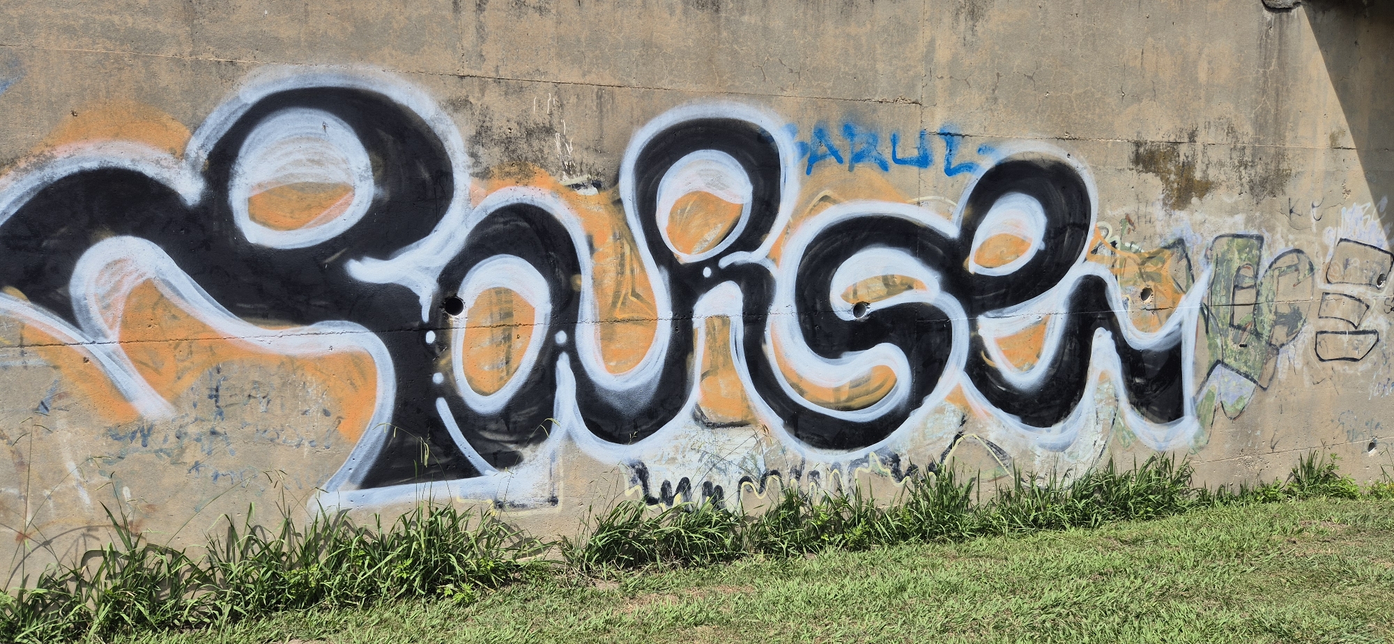 The image shows a section of a concrete wall covered in graffiti. The main subject of the graffiti is a large, stylized word written in black and white spray paint with orange accents. The letters are bubbly and abstract, with thick outlines. Above the main graffiti, in the upper right quadrant of the image, there is some smaller blue text that appears to read "PAUL". To the right of the main graffiti, there are some other smaller, less decipherable tags or pieces of graffiti in green and black. The concrete wall itself is rough and textured, with some discoloration and staining. In the foreground, there is a strip of green grass. The lighting suggests it is daytime, with a shadow cast from the upper right, indicating the sun is to the right and slightly behind the viewer. The overall impression is one of an urban or outdoor environment where graffiti art is present.