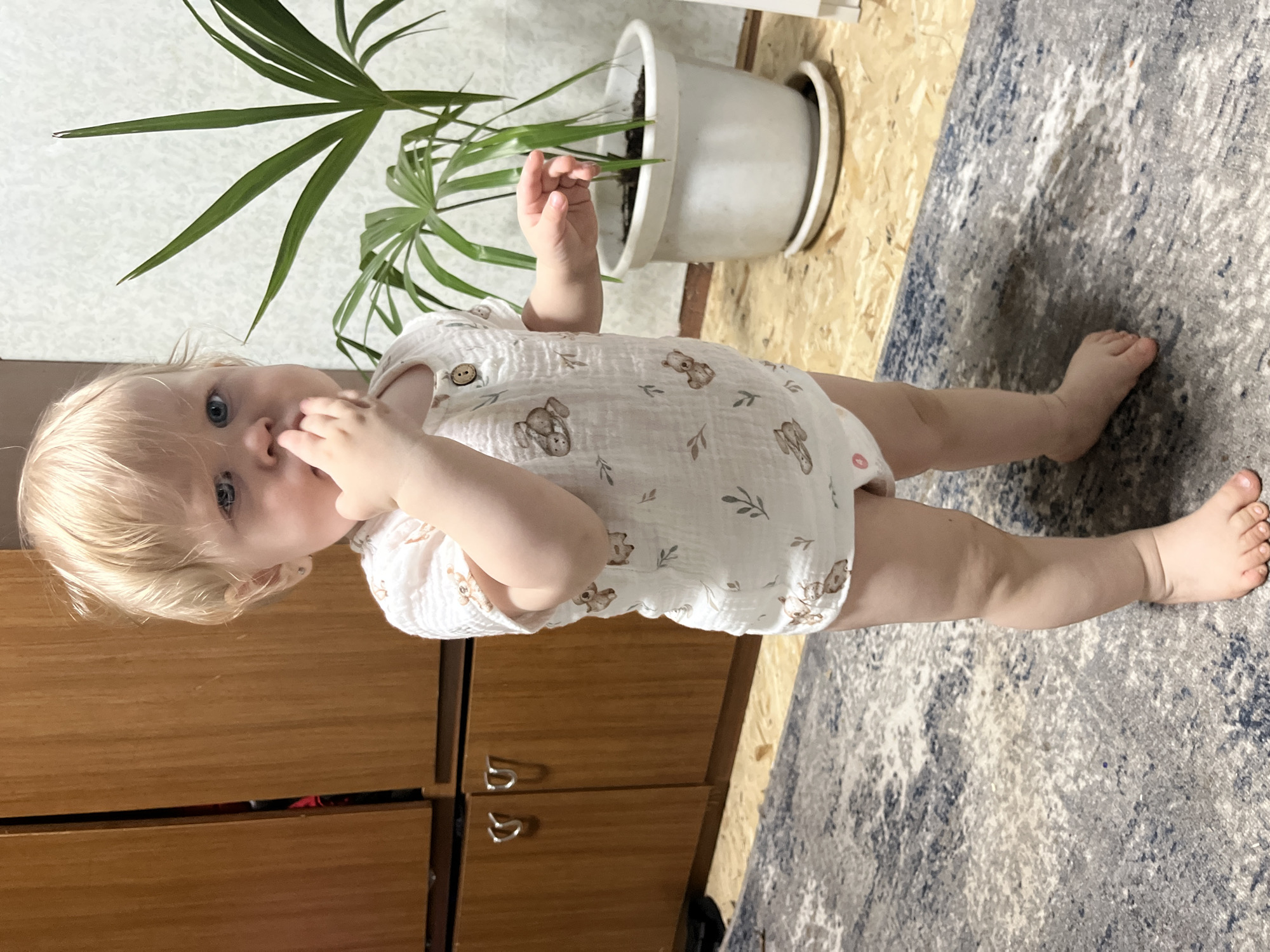 A blonde, blue-eyed toddler stands on a patterned rug in front of a wooden cabinet. The child wears a white romper with a teddy bear print and has their fingers in their mouth. A potted plant is visible to the right of the child. The scene appears to be an indoor residential setting in the city of Fokino, Russia.