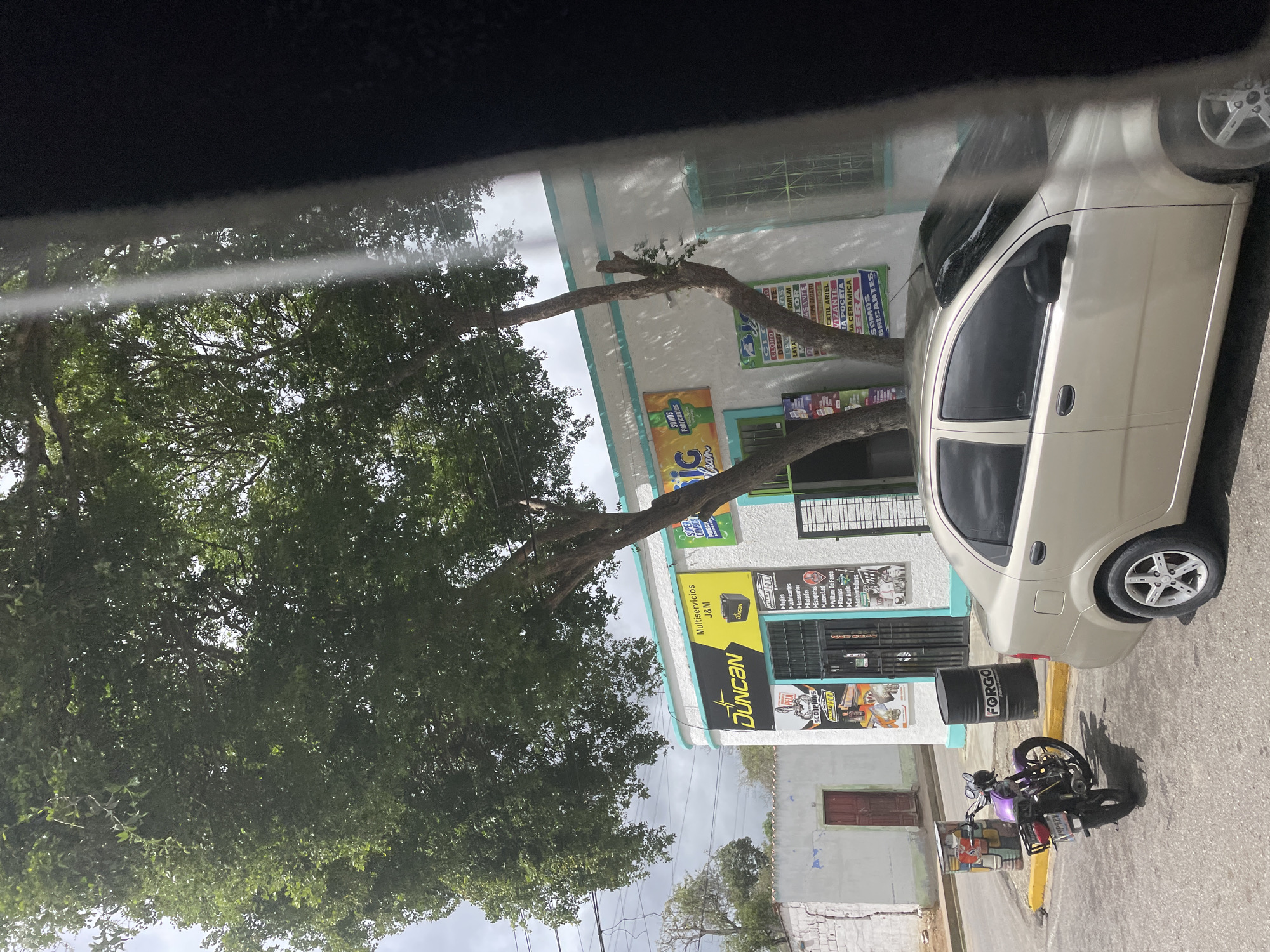 In a street scene in Unknown, Unknown, a light-colored sedan is parked on the right side of the frame, partially obscuring a building. The building is painted white with a teal trim and features several signs advertising services, including "Multiservicios J&M" and "DUNCAN." A purple motorcycle is parked on the left side of the street, next to a colorful cylindrical object. Another black cylindrical object with "FORGO" written on it is located behind the motorcycle. Large trees with dense green foliage overhang the street and the building. The sky is overcast with clouds.
