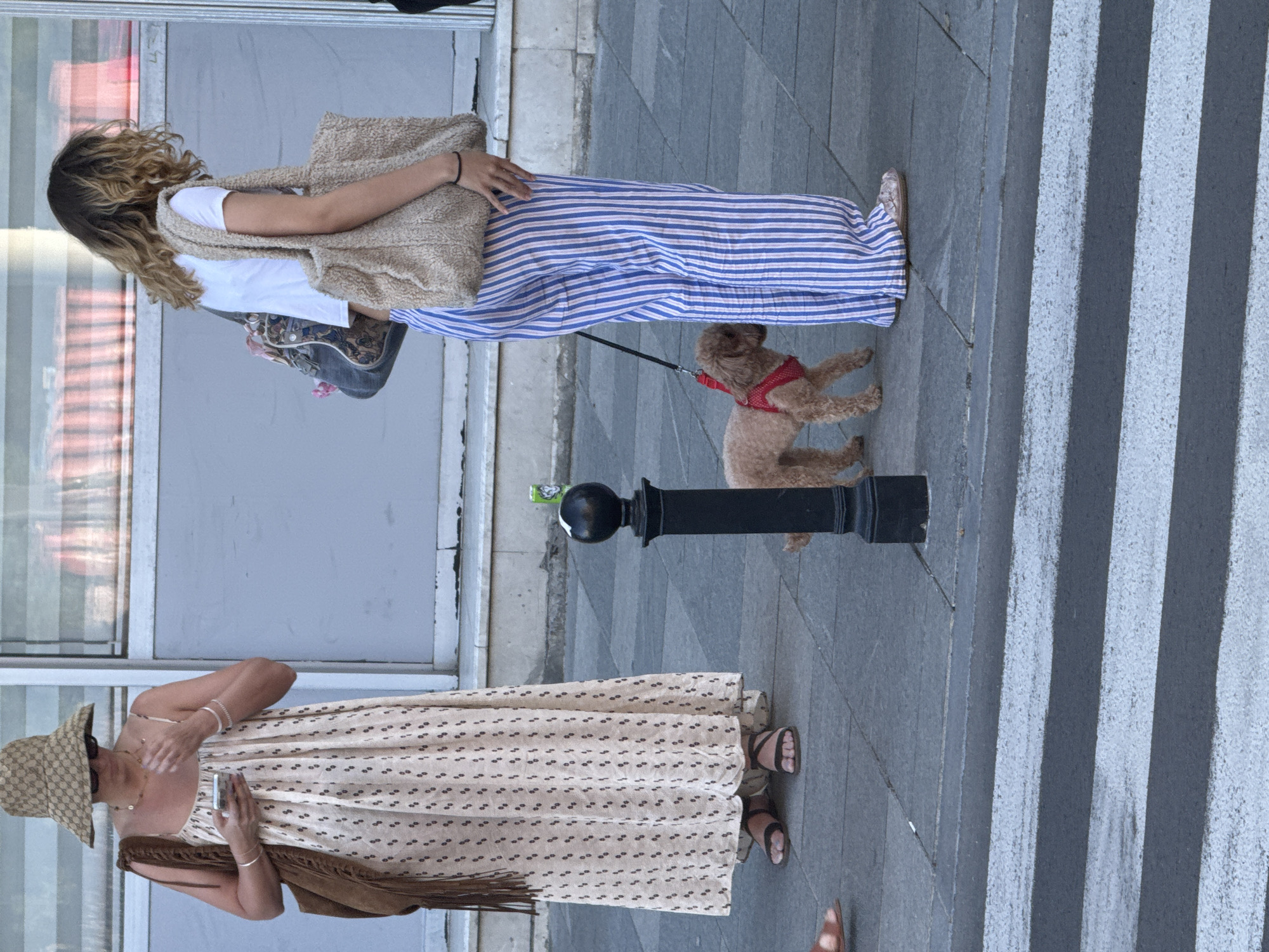 Two women and a small, light-brown poodle are standing on a paved sidewalk next to a pedestrian crossing. The woman on the left is wearing a beige maxi dress with a dark pattern, black sandals, and a wide-brimmed hat. She is holding a smartphone in her right hand and carrying a brown fringed shoulder bag. The woman on the right is wearing a white t-shirt, blue and white striped wide-leg pants, and espadrilles. She is holding a large, fluffy beige tote bag on her left shoulder and a leash attached to the poodle. The poodle is wearing a red harness. A black bollard is visible on the sidewalk between the two women. The background shows a building with large windows. The scene appears to be a street in Belgrade, Serbia.