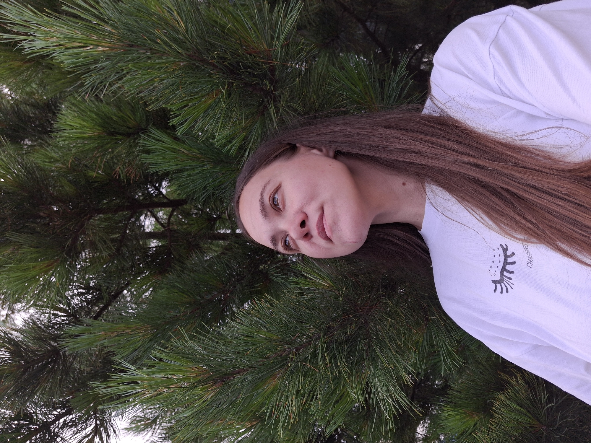 A headshot-style portrait features a young person, likely female, positioned against a dense backdrop of green pine needles and branches. The subject has long, straight, dark brown hair and is wearing a white long-sleeved t-shirt. Her head is tilted, and she is looking directly towards the camera with a subtle, calm expression and a slight smirk on her lips. Her eyes appear to be light brown.
The background consists entirely of the rich green foliage of a pine tree, with glimpses of a bright, possibly overcast, sky through the gaps in the branches. This suggests an outdoor setting during daytime.
A notable detail is the graphic design on the white t-shirt, which depicts a stylized eye or eyelashes with small stars, and partially visible text that reads "CHARMING G...". The image was taken in Chaikovsky, Russia.