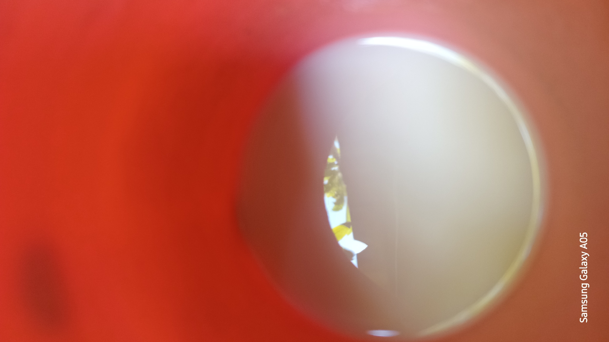 A close-up, top-down shot of a clear liquid, possibly a beverage or cooking oil, within a red container. A small, white object with yellow and green markings is partially submerged in the liquid, creating a reflection on the surface. The "Samsung Galaxy A05" watermark is visible in the bottom left corner. The setting appears to be domestic.