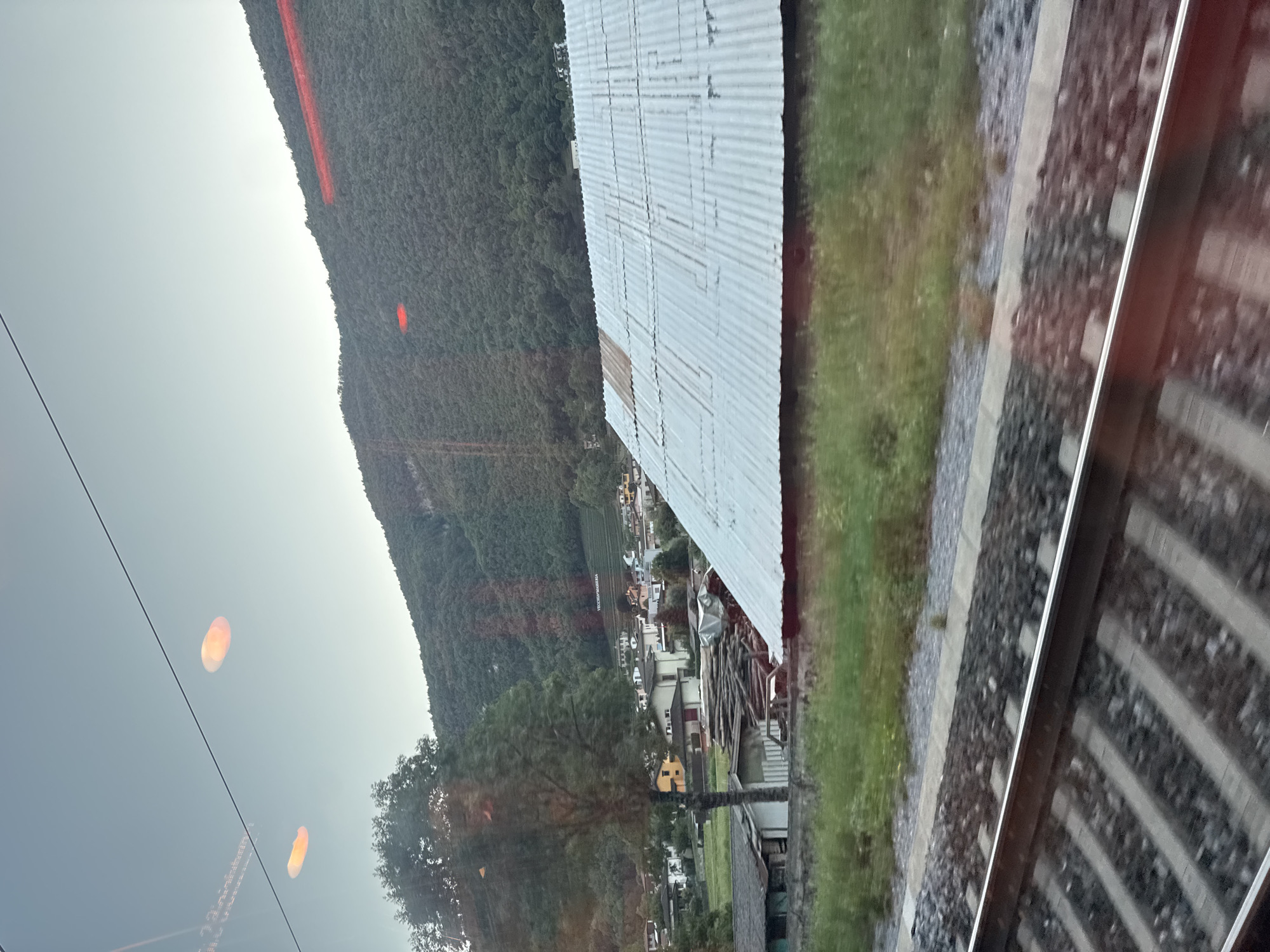 This image, taken from a moving train in Capolago, Switzerland, captures a rural landscape. In the foreground, train tracks run diagonally across the frame, indicating the vantage point. Beyond the tracks, a grassy embankment borders a cluster of buildings. A large, corrugated metal-roofed structure dominates the middle ground. Further back, a small village nestles at the base of a densely forested mountain. The sky is clear with a few indistinct orange light reflections, possibly from streetlights or the train itself. One building in the village has a sign that appears to read "VECCHIAMAISERIA." The overall scene depicts a transitional area between a transportation route and a residential, mountainous region.