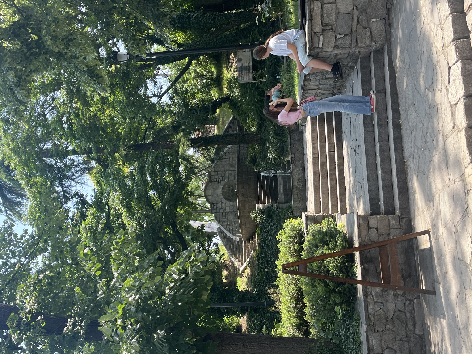 This image depicts a sunlit park or garden in Plovdiv, Bulgaria, characterized by multiple levels connected by stone steps and abundant greenery. In the foreground, two young females are present. The female on the left stands on a stone step, wearing a pink crop top, light blue flared jeans, and red sneakers, with a pink bag slung over her shoulder. She is positioned facing slightly left, her hands raised towards her head. The female on the right is seated on a stone retaining wall, wearing a white t-shirt, light blue shorts, and black sneakers, with her light brown hair pulled back. She faces left, looking downwards.
Behind these individuals, a multi-tiered stone staircase ascends a gentle slope, flanked by lush green bushes and mature trees, some with exposed roots. A stone fountain structure with a semi-circular basin and a small archway is integrated into the steps, featuring water actively flowing from a spout into the basin. Further up the slope and to the left of the fountain, additional stone steps continue upwards. On the right, a black lamppost with a white lantern top stands among the trees. In the distant background, several blurry figures are discernible lying or sitting on a grassy incline. The ground in the foreground is paved with irregularly shaped stone slabs. A wooden A-frame structure rests on the pavement in the lower-left corner. A white banner or flag is partially visible near the top of the upper stairs. The scene is illuminated by strong daylight, casting defined shadows.