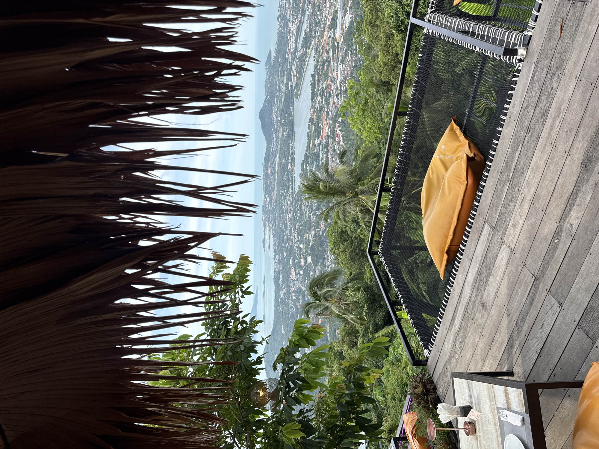 The image shows a view from a thatched-roof balcony overlooking a coastal city and bay. In the foreground, a wooden deck has a hammock with an orange cushion, a small table with a place setting and a napkin dispenser, and the corner of another orange cushion. Green foliage and palm trees surround the deck. In the background, a sprawling city with numerous buildings stretches to the water, with islands and hills visible in the distance under a cloudy sky.