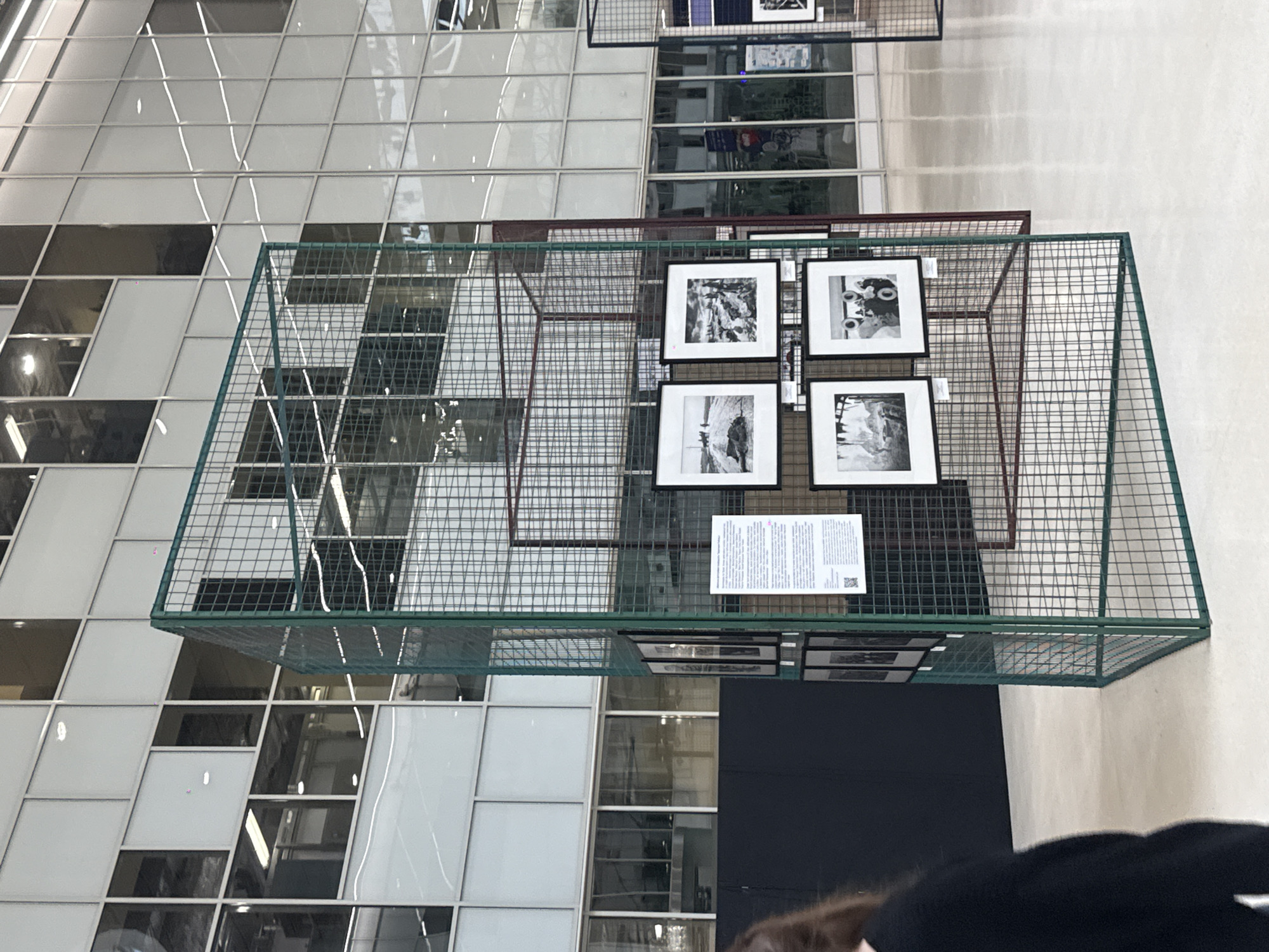 The image displays an indoor art exhibition within a modern building, likely a gallery or public space, located in Moscow, Russia.
The primary subject is a large, rectangular, open-topped display structure made of dark green metal mesh, positioned prominently in the foreground. Inside this structure, several black-and-white photographs, framed in black, are arranged as part of an art exhibit. Four framed photographs are clearly visible on a white panel within the green cage. These photos appear to be landscapes or abstract compositions rendered in grayscale. Below the bottom-right photograph, a white sheet of paper with dense black text is displayed, serving as an informational label or artist statement. A small QR code is visible at the bottom right of this text panel. Partially visible behind the green structure is another, similar, but smaller, red-brown colored metal mesh cage.
The background consists of a striking architectural wall featuring a large grid pattern of alternating white, opaque panels and dark, reflective sections. These reflective sections show distorted reflections of the interior lighting and elements of the building. The floor is a light-colored, smooth surface.
In the bottom right corner of the image, the top of a person's head and shoulder, clad in dark clothing, is partially visible, indicating a visitor engaging with the exhibition. The setting suggests a clean, contemporary environment designed for showcasing art. No specific time of day or weather conditions are discernible, as it is an indoor scene lit by artificial light.