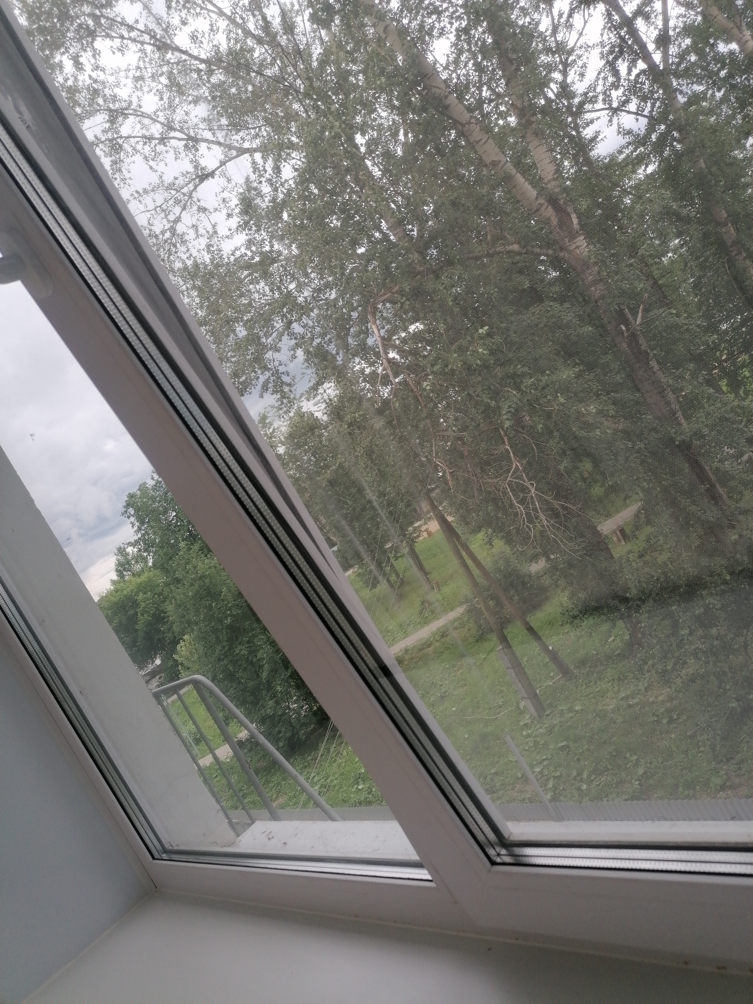 The image shows a view through a skylight window looking out onto a wooded area. The window frame is white and angled. Outside, there are numerous trees with green foliage and visible branches. The ground appears to be covered in grass, and a pathway or road is visible in the distance. A metal railing and stairs are also present on the left side of the frame, leading down from what appears to be a balcony or landing. The sky is overcast and grey. The location is identified as Komomolsky, Russia, suggesting an outdoor, possibly suburban or park-like setting. There are no people visible in the image.