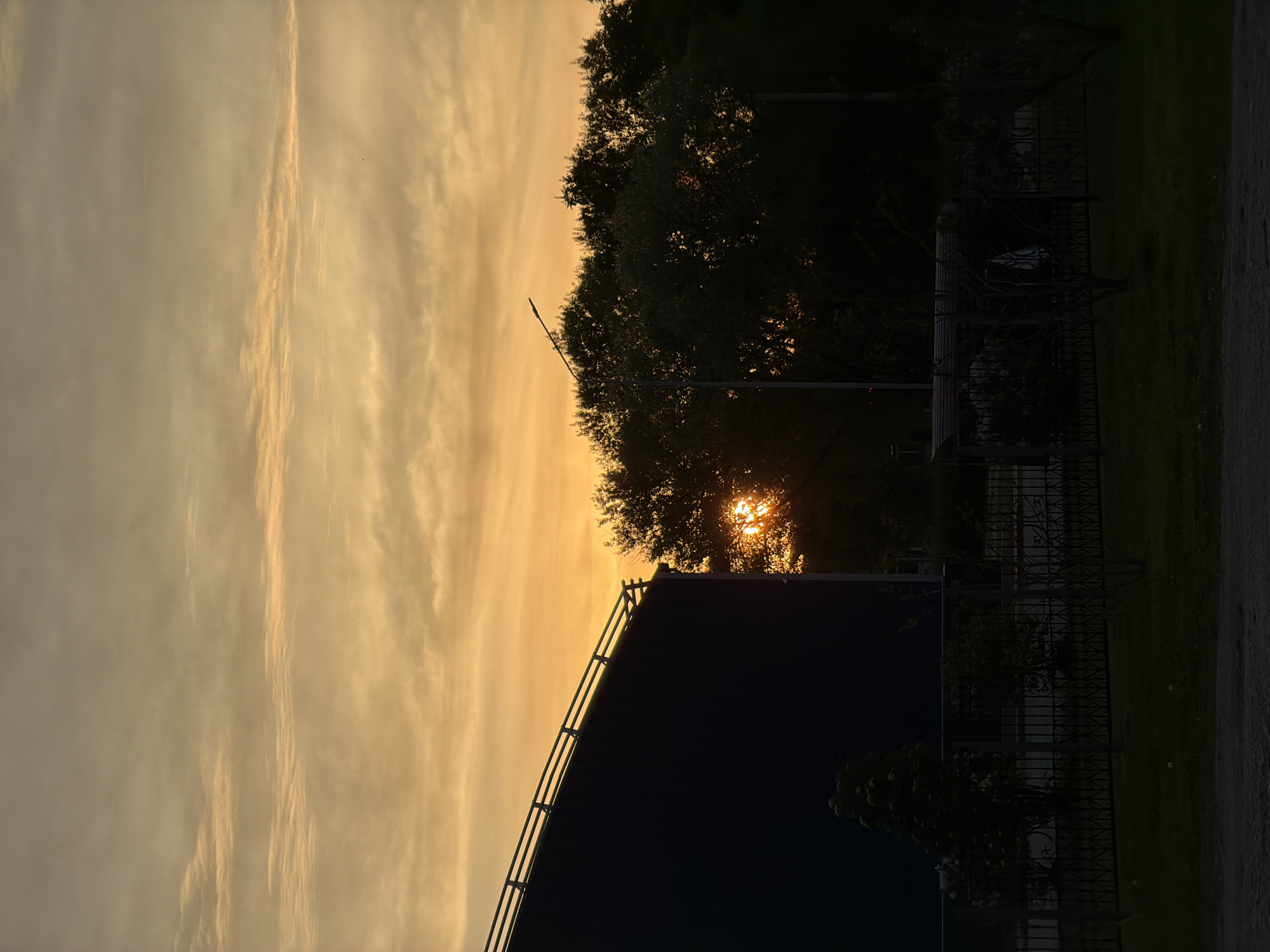 The image shows a scene at sunset, possibly in Birobidzhan, Russia. The sky is filled with golden-hued clouds. Silhouetted against the sunset is a large dark building with a railing along the top. The sun is visible through the branches of trees behind the building, creating a starburst effect. A lamppost is also visible in the background. In the foreground, a dark metal fence runs along the edge of a grassy area and a paved surface. The overall impression is of a quiet, urban scene at dusk.