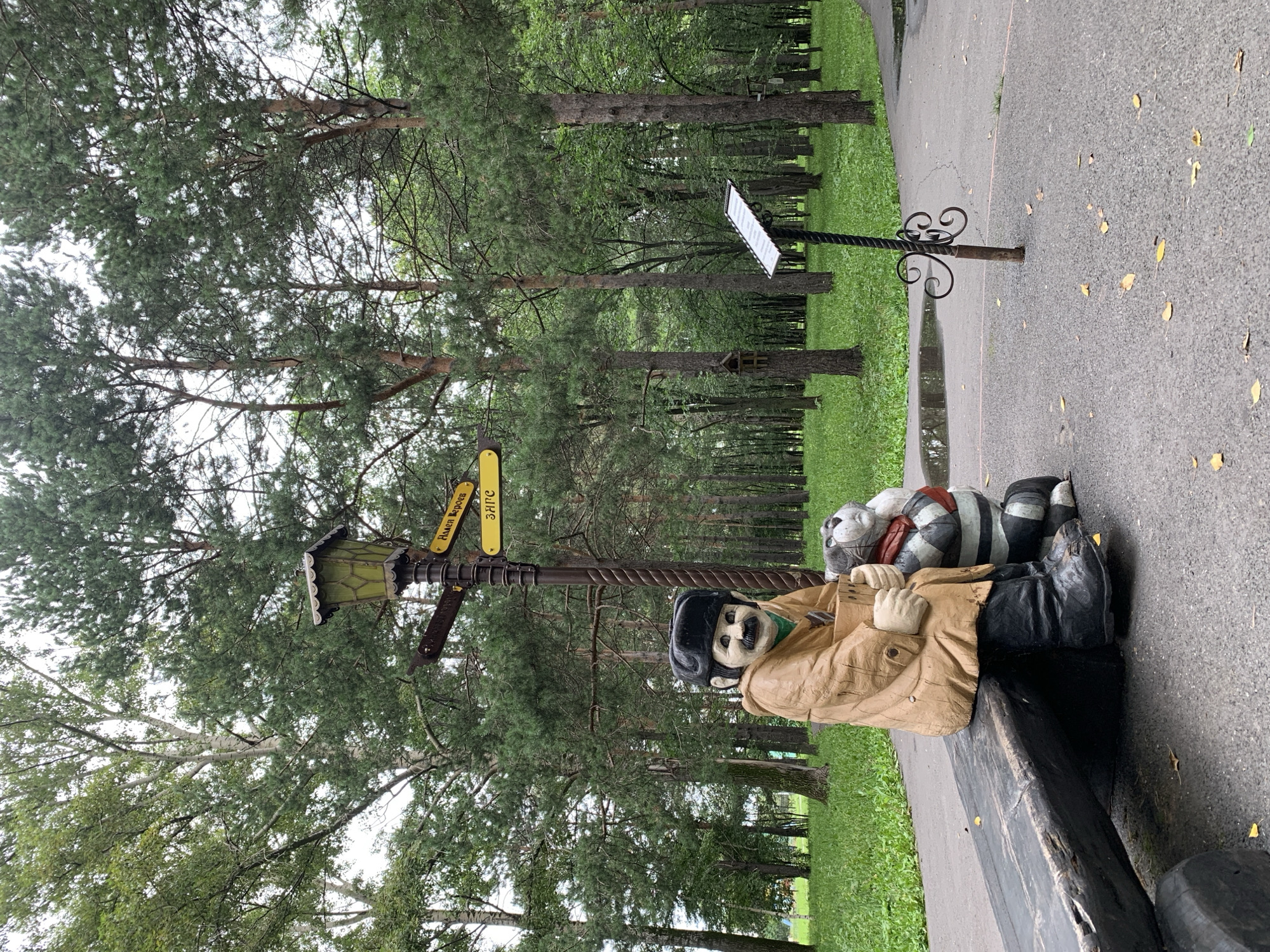 An outdoor scene in a park features a wooden sculpture of a man and a cat sitting on a bench. The man, wearing a brown coat and a fur hat, holds a box. The cat, with black and white stripes, wears a red scarf. Behind them is a lamppost with directional signs. The background consists of tall trees and a grassy area. A paved path with fallen leaves is visible in the foreground. The scene is set in the city of Prokopyevsk, Russia.