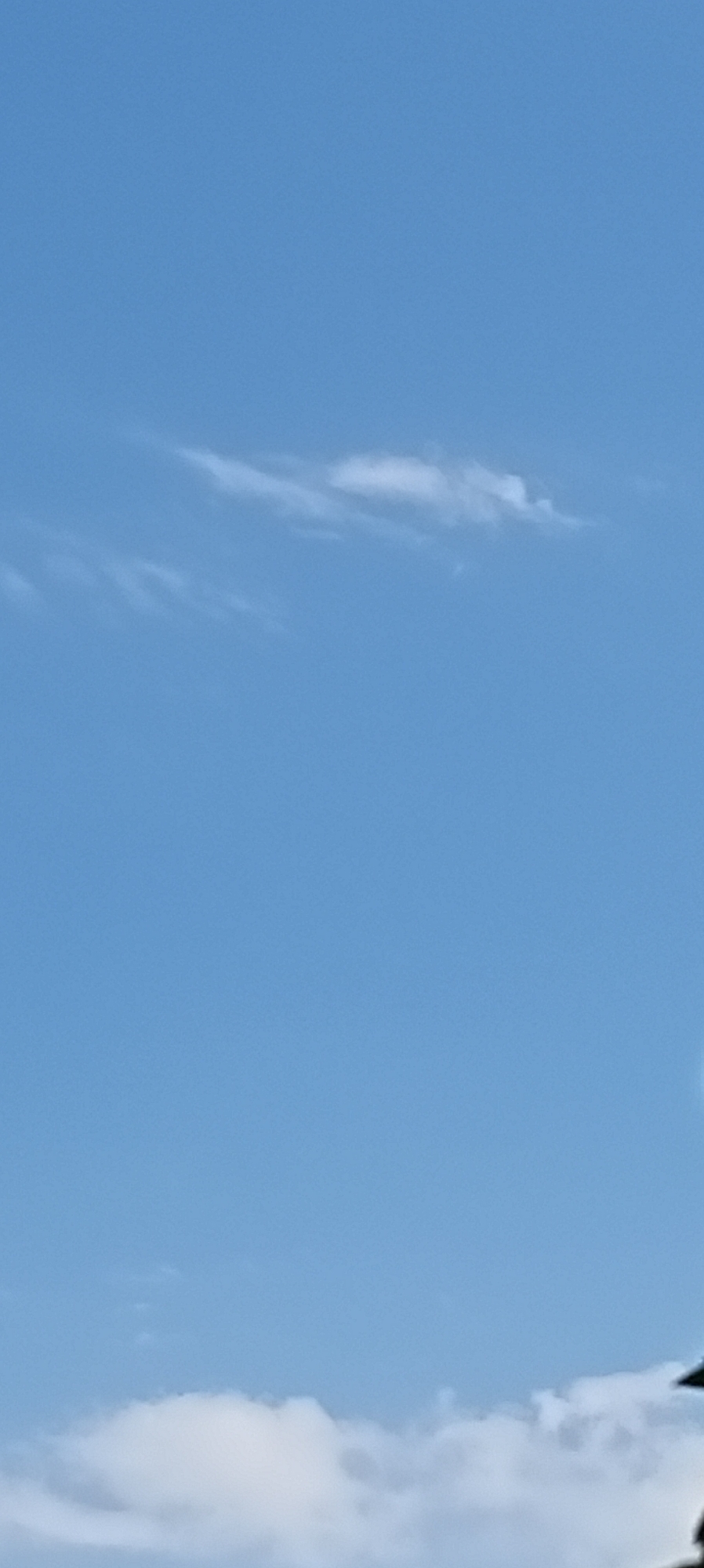A clear blue sky dominates the upper portion of the image, with a few wispy, white clouds scattered across it. In the lower part of the frame, the tops of fluffy, white clouds are visible, with some dark green foliage encroaching from the right edge. The image appears to be taken from an outdoor location in Sokuluk, Kyrgyzstan.
