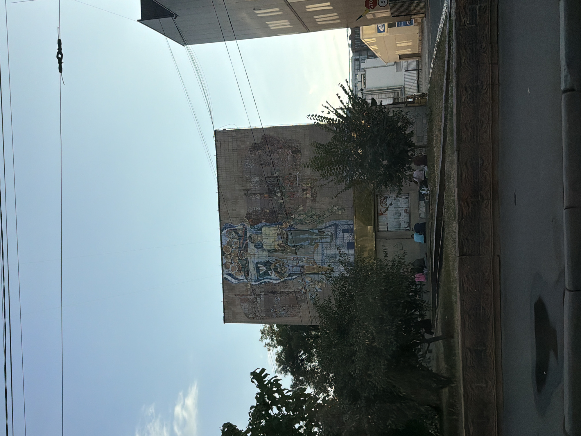 The image shows a large building with a mural on its side, located in Kyiv, Ukraine. The mural depicts two figures, possibly men, in traditional attire, with decorative elements around them. In the foreground, several trees obscure parts of the building and the mural. There are also a few people sitting on a raised area in front of the building. Power lines are visible across the sky. To the right of the muraled building, another modern building is partially visible, and a yellow building with a red stop sign is further in the background. The scene appears to be on a street in a city, with a road and sidewalk in the lower portion of the image.