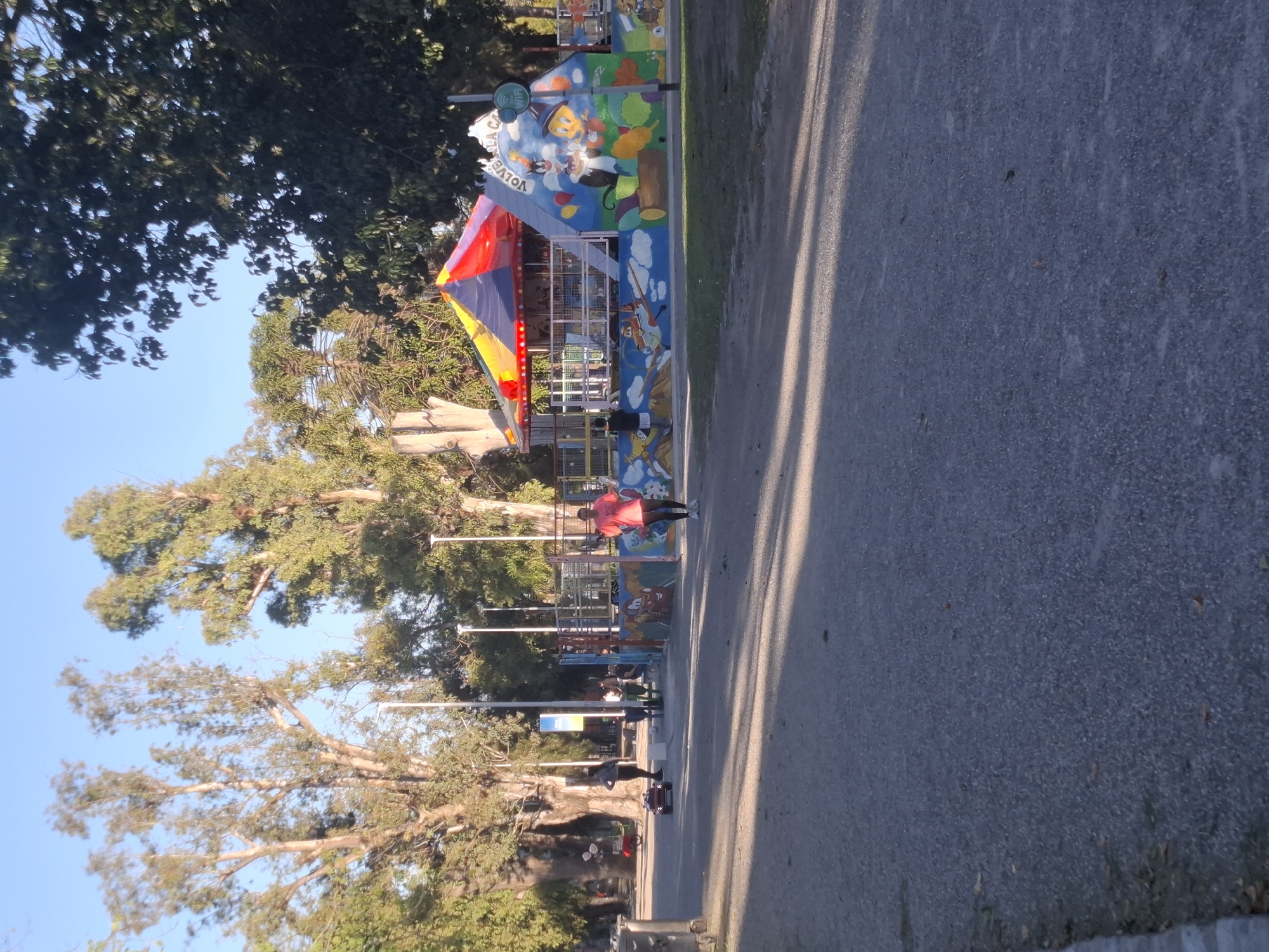 This media file captures a sunny outdoor scene in what appears to be a park or recreational area in Villa Domínico, Argentina. A wide, paved path runs from the foreground into the distance, with strong, elongated shadows suggesting it is either morning or late afternoon.
The central subject is a brightly colored structure, likely a children's ride or play area, featuring a distinctive red and yellow striped awning. Its walls are adorned with lively murals depicting cartoon characters, including what resembles Bugs Bunny, set against backgrounds of blue skies with clouds and green landscapes. Text visible on the structure includes "VOLVE" and "PATON", forming "VOLVER AL PATON".
Several people are present. One person in a red shirt and dark pants is walking on the paved path near the colorful structure. Another individual in a dark top stands closer to the attraction. Further down the path, other figures are visible, some appearing to be standing or seated. A small red vehicle, possibly a toy car or scooter, is also seen on the path.
The setting is characterized by numerous large, mature trees with abundant green foliage, providing shade throughout the park. The sky is clear and blue. Utility poles or streetlights are visible at intervals along the path. The scene conveys a relaxed atmosphere typical of a public park or family recreation spot.