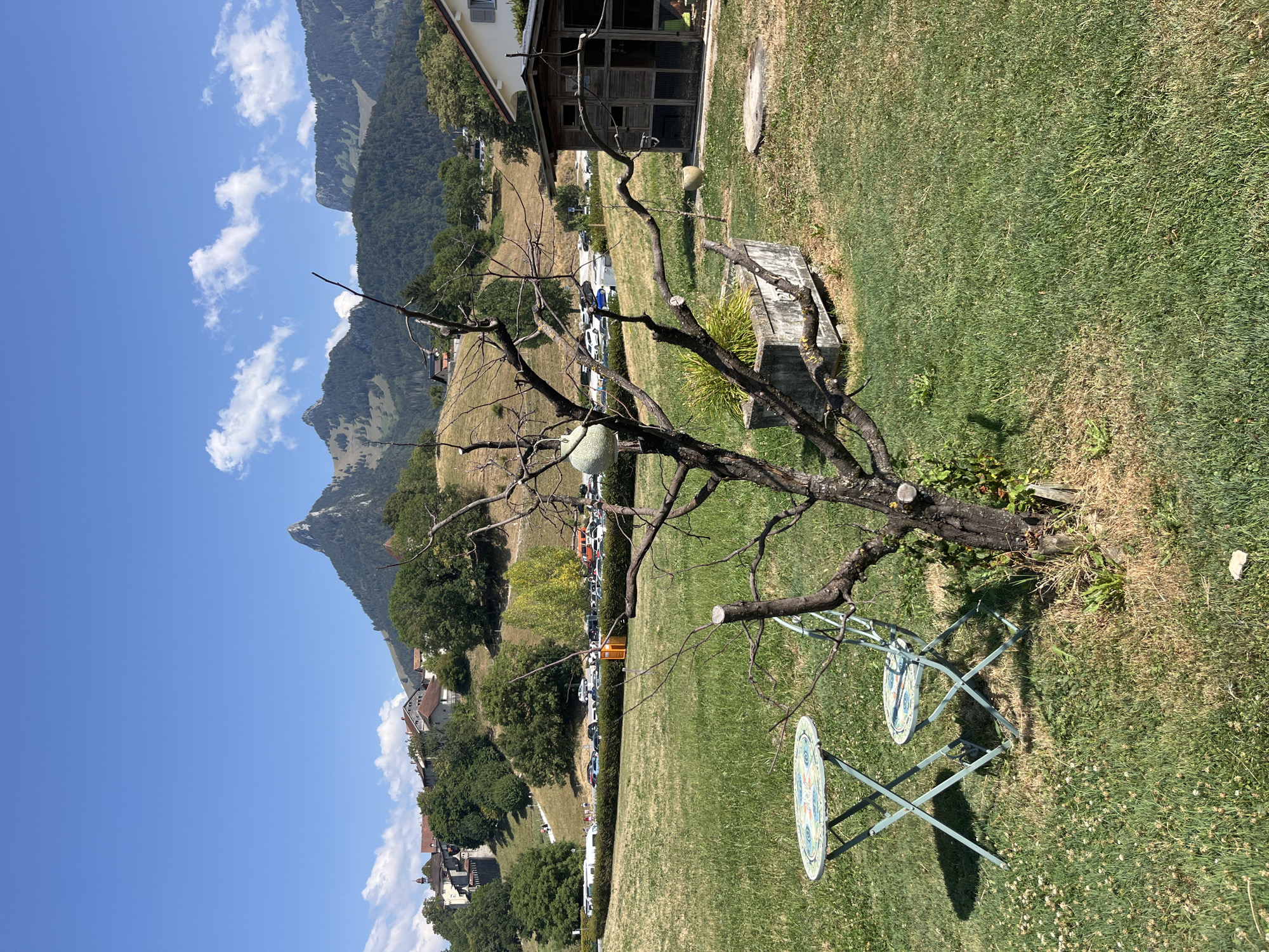 A sunny day is depicted in Pringy, Switzerland, with a clear blue sky and scattered white clouds. In the foreground, a small, decorative metal table and chair set sits on a green lawn. The table has a mosaic top. Beside the furniture, a bare, artistic tree stands, with a pale green, spherical object hanging from one of its branches. A rectangular concrete planter with greenery is visible behind the tree. Further in the background, a wooden structure, possibly a coop or shed, is present. Beyond that, a parking lot with several cars is situated next to a hedge. A charming village with red-roofed buildings is nestled on a grassy hillside in the middle ground, leading up to dramatic, tree-covered mountains in the distance, some with sharp, rocky peaks.